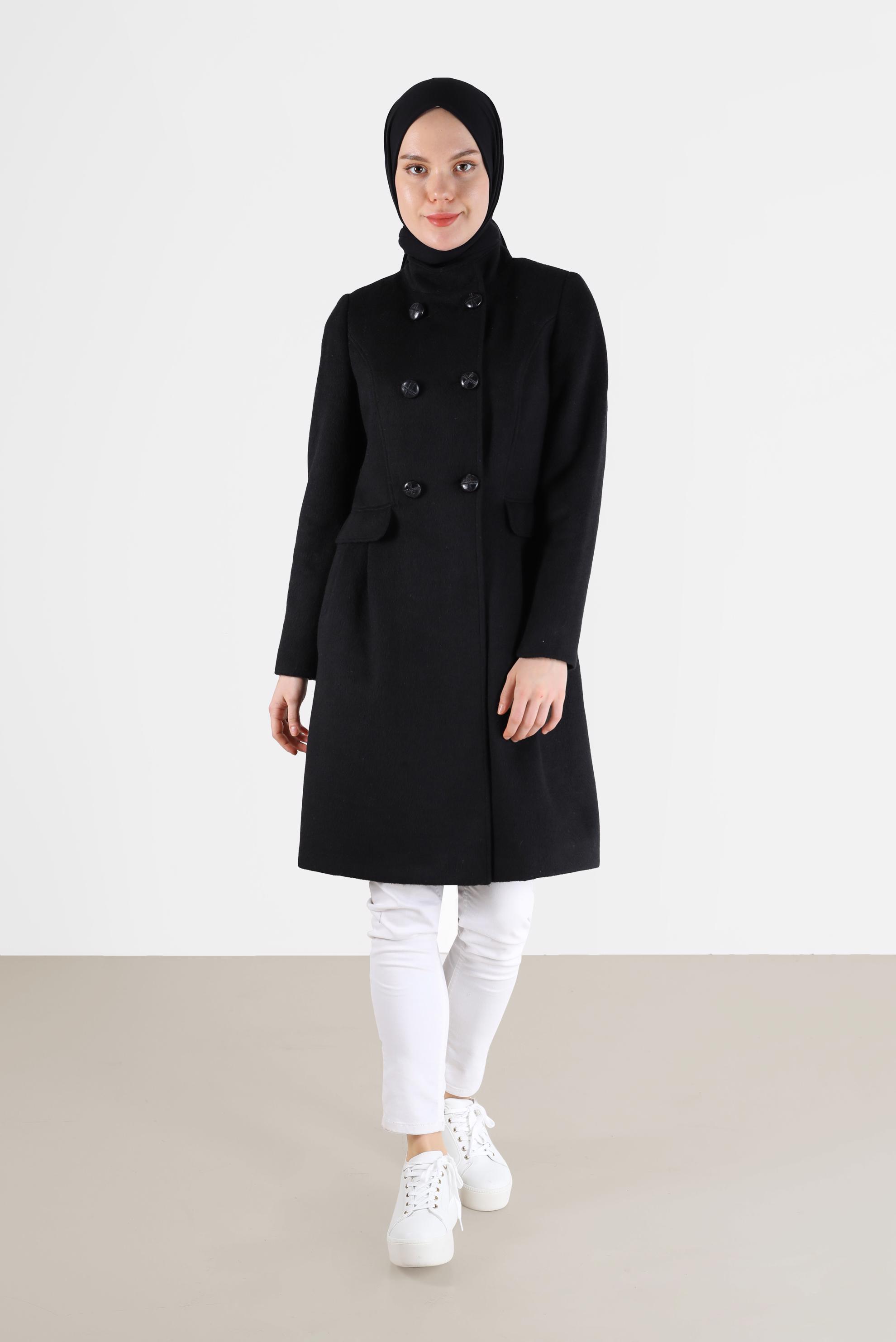 Hijab clothing BLACK BUTTONED POCKET DETAIL COAT 90253 