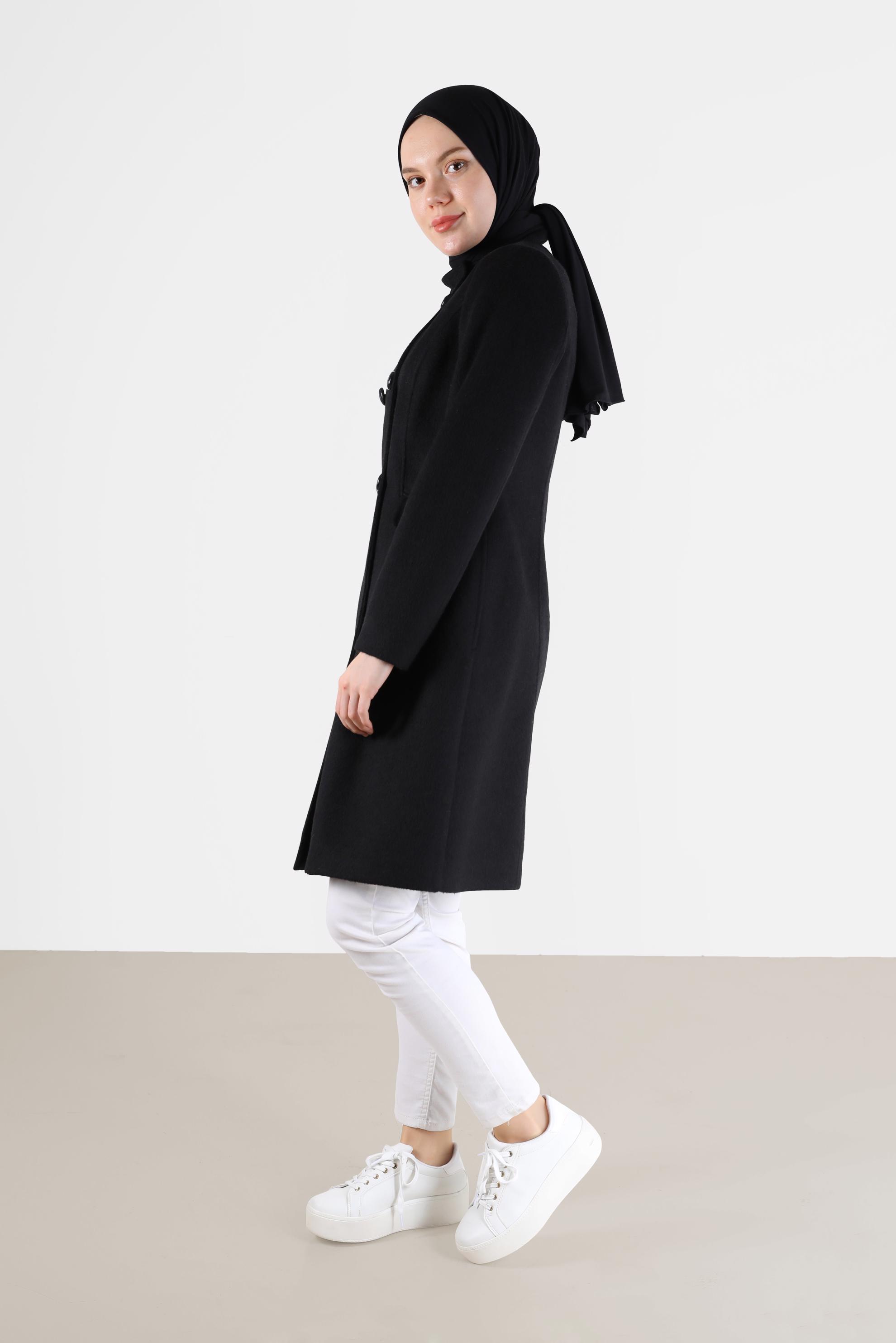 Hijab clothing BLACK BUTTONED POCKET DETAIL COAT 90253 