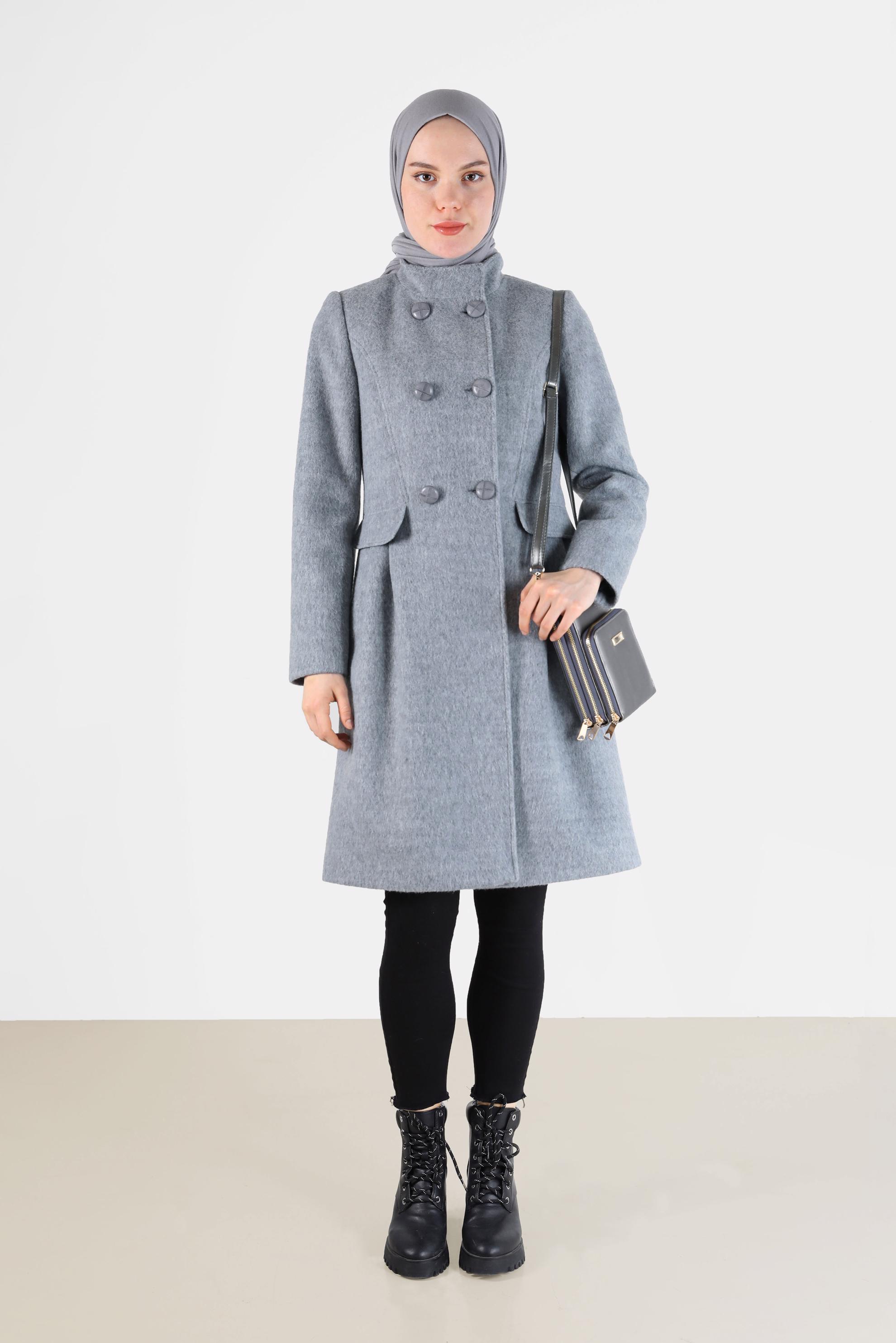 Hijab clothing GREY BUTTONED POCKET DETAIL COAT 90253 