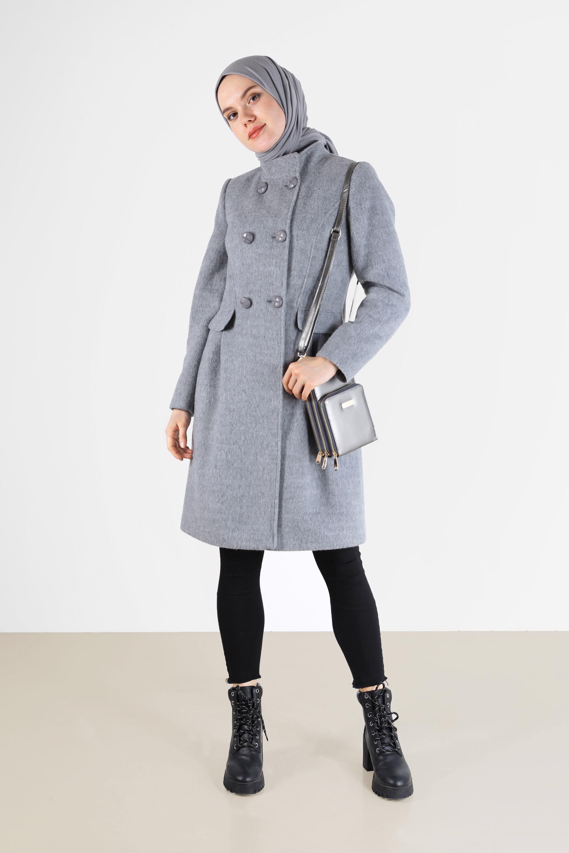 Hijab clothing GREY BUTTONED POCKET DETAIL COAT 90253 