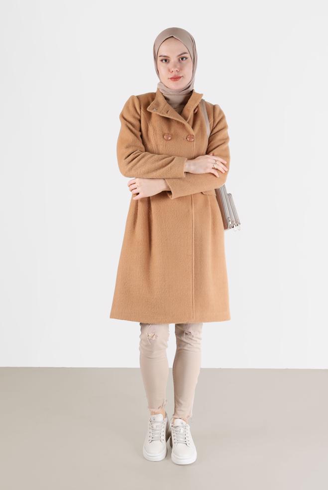 Tesettür giyim KAHVE DÜĞMELİ CEPLİ KABAN 90253  - ALVİNA