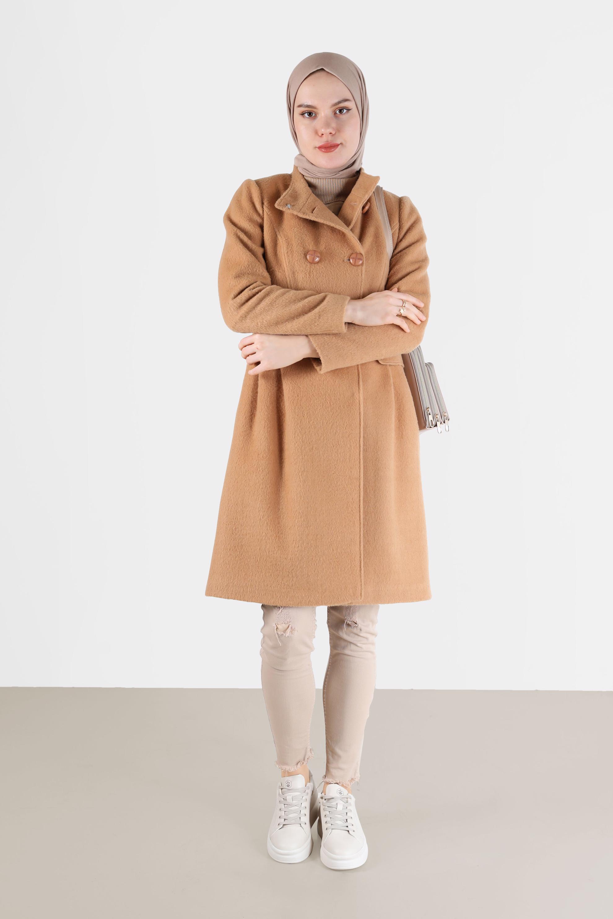 Hijab clothing BROWN BUTTONED POCKET DETAIL COAT 90253 