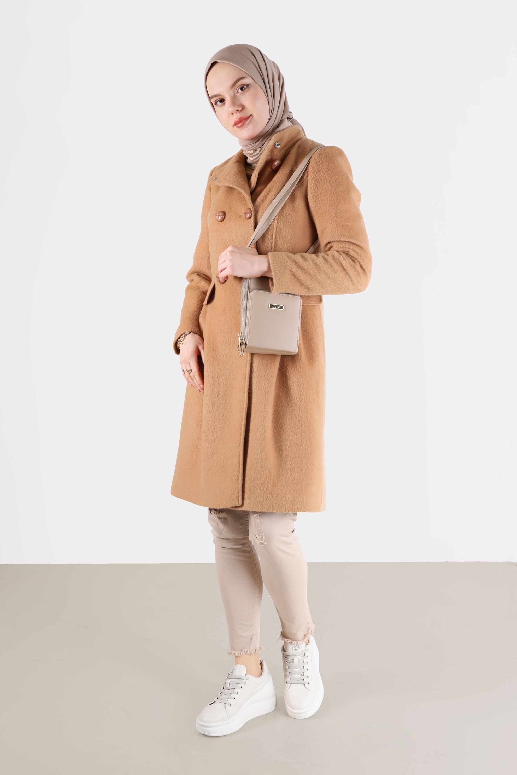 Hijab clothing BROWN BUTTONED POCKET DETAIL COAT 90253 