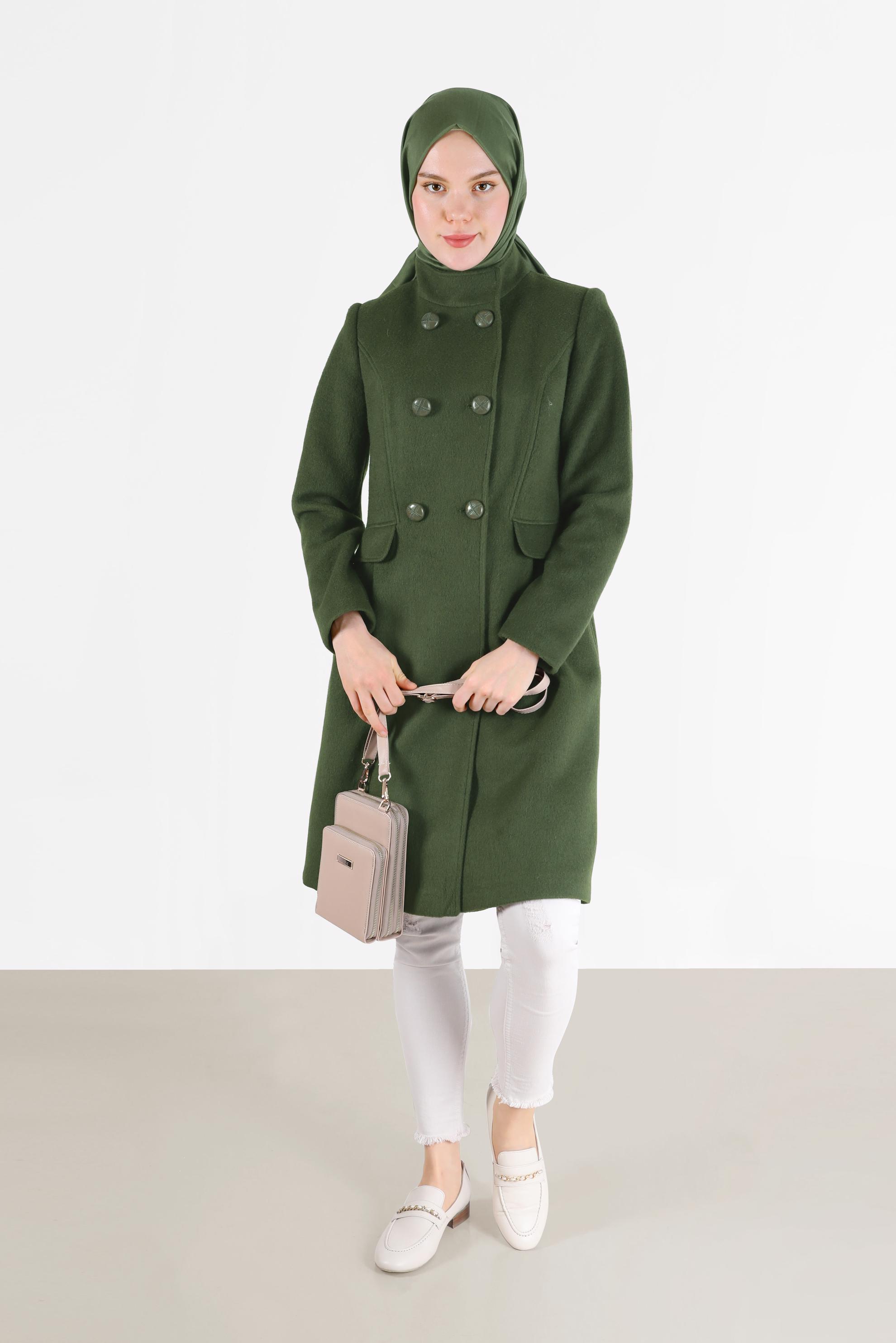 Tesettür giyim HAKİ DÜĞMELİ CEPLİ KABAN 90253 