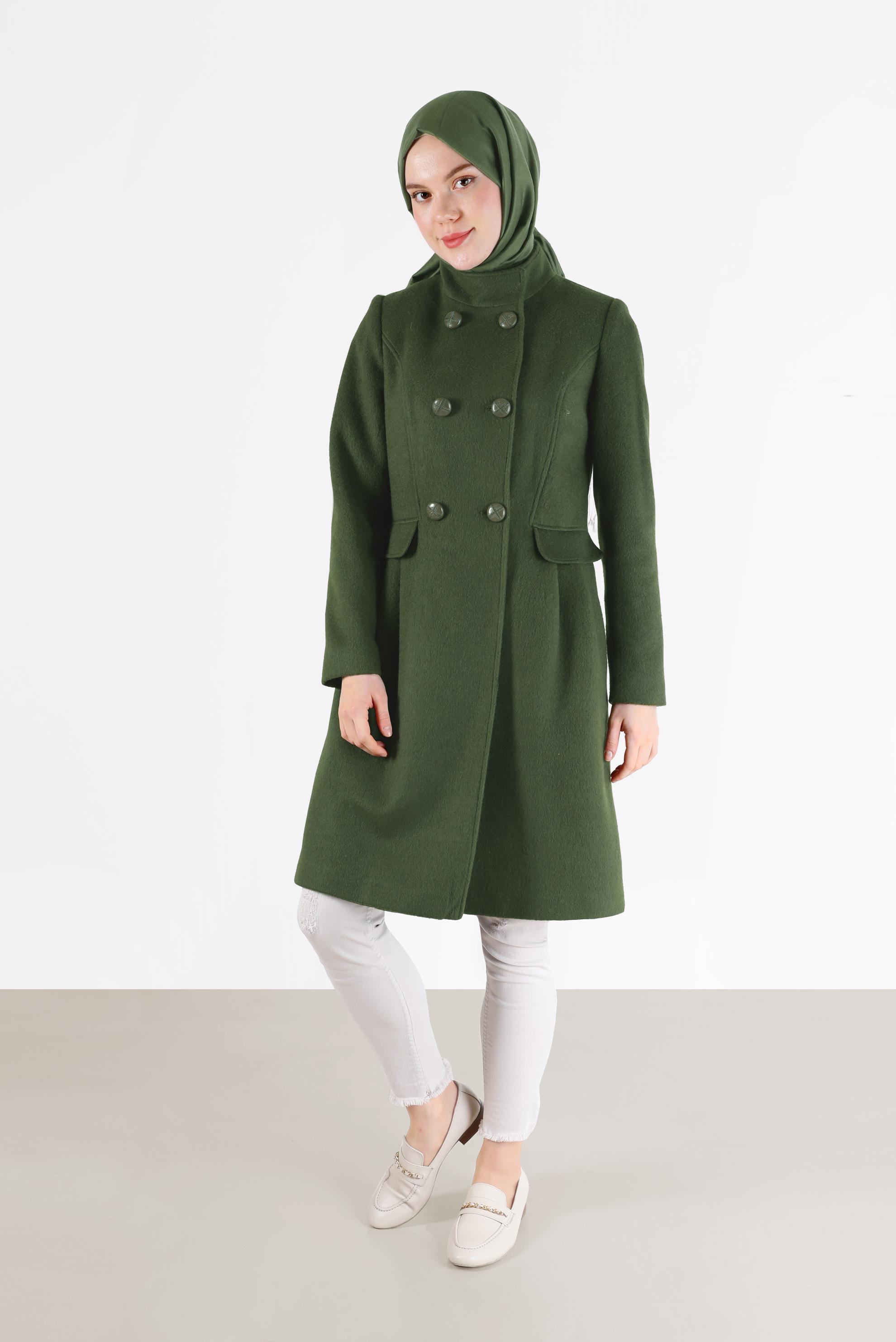 Tesettür giyim HAKİ DÜĞMELİ CEPLİ KABAN 90253 