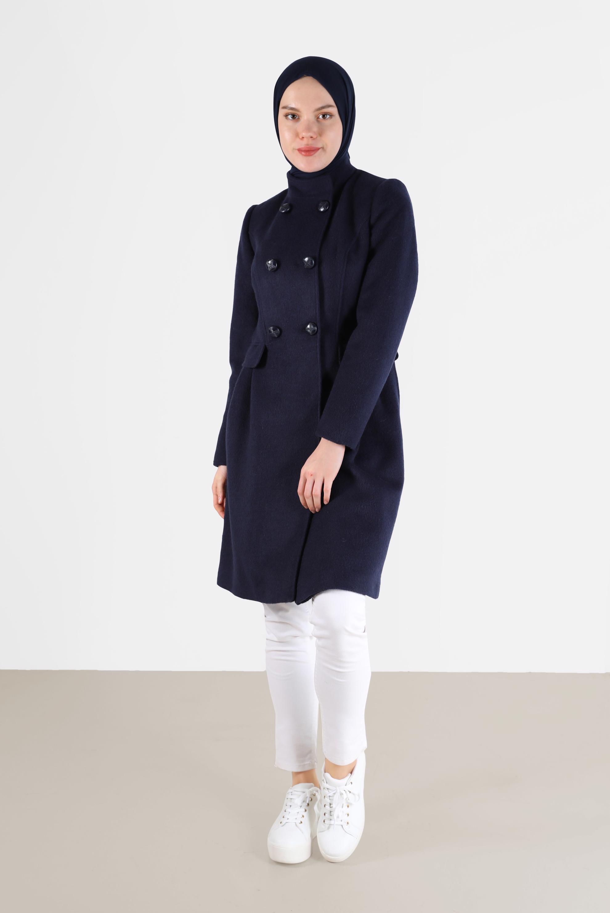 Hijab clothing NAVY BLUE BUTTONED POCKET DETAIL COAT 90253 