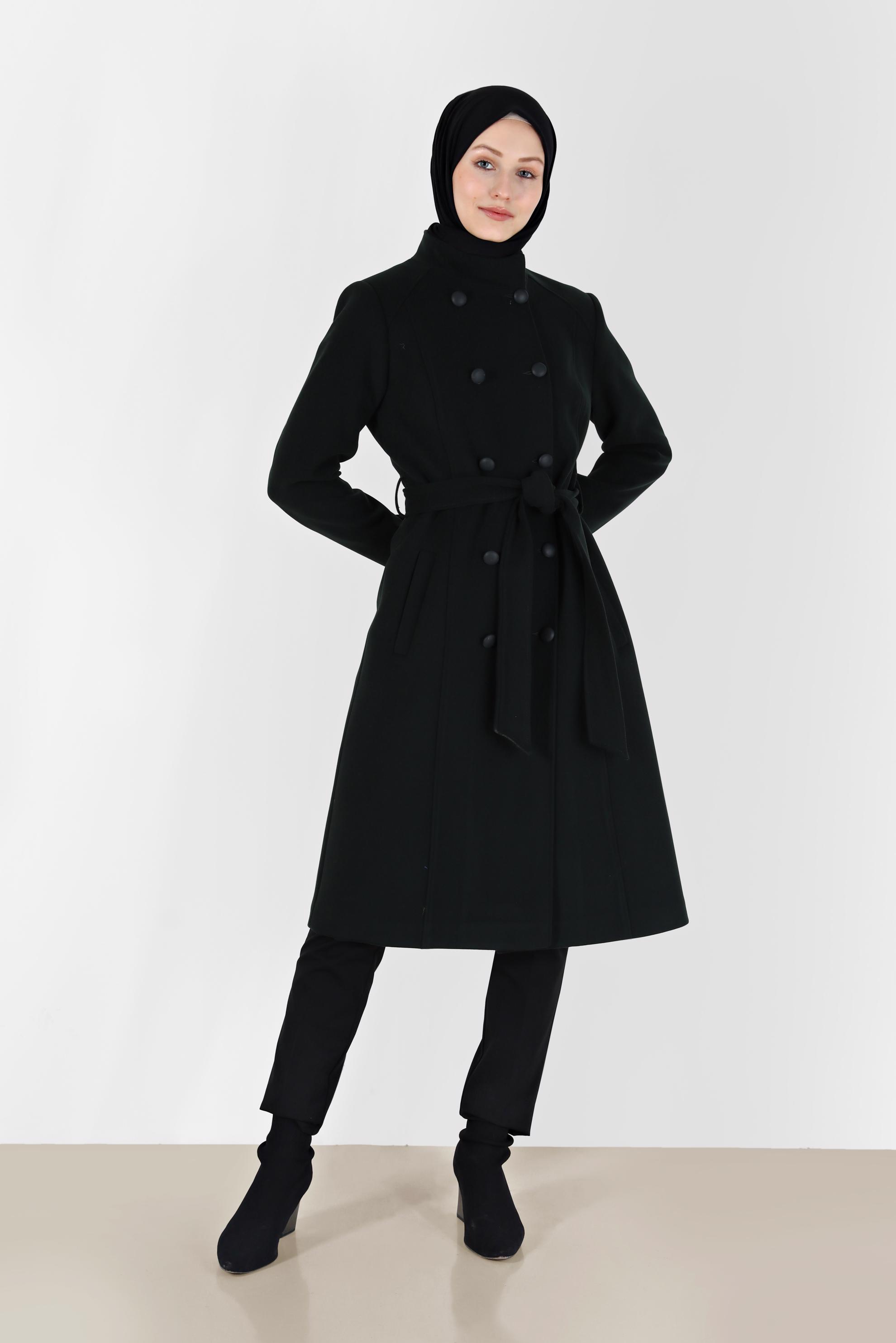 Tesettür giyim SİYAH DÜĞME DETAYLI KUŞAKLI KABAN 90255