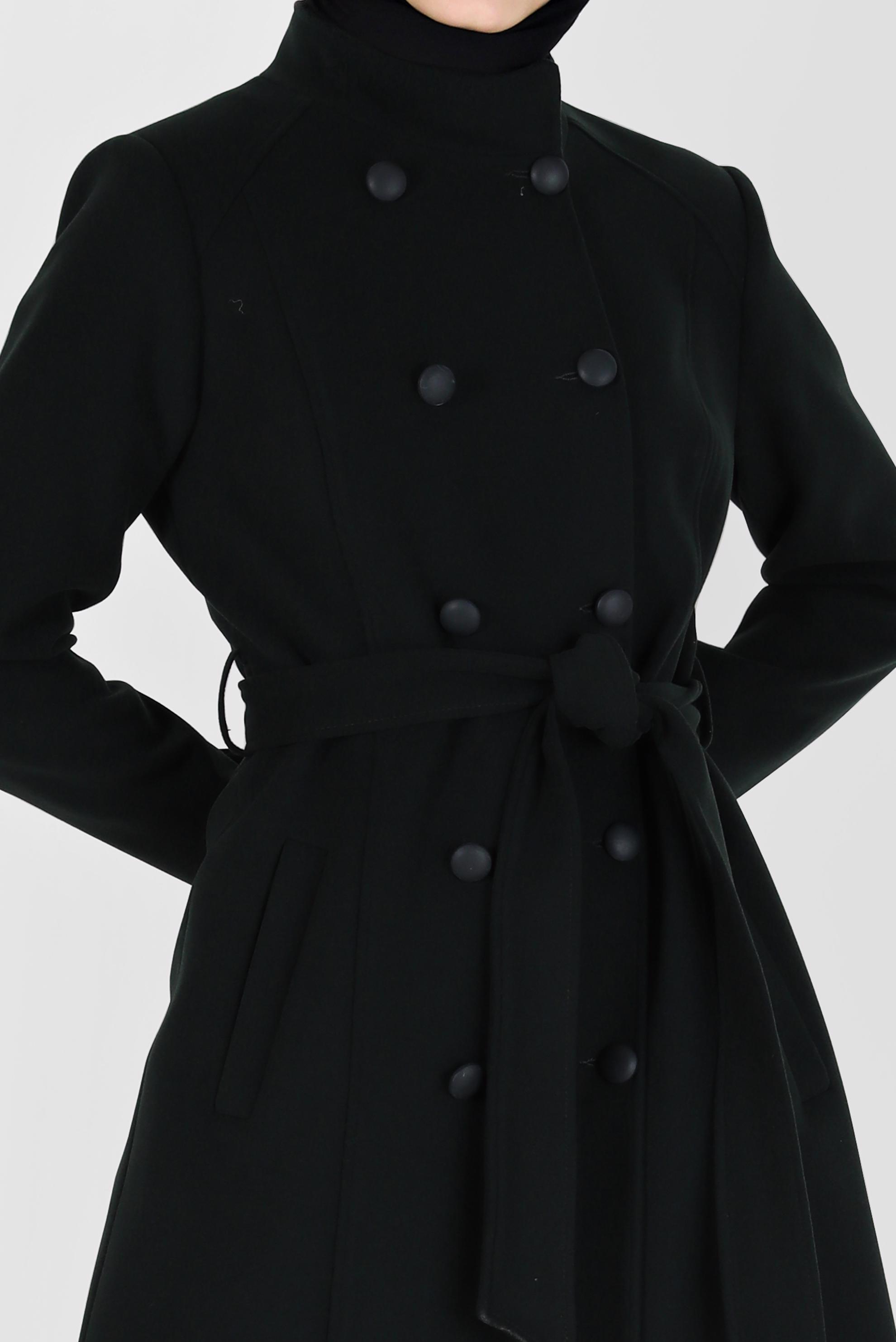 Tesettür giyim SİYAH DÜĞME DETAYLI KUŞAKLI KABAN 90255