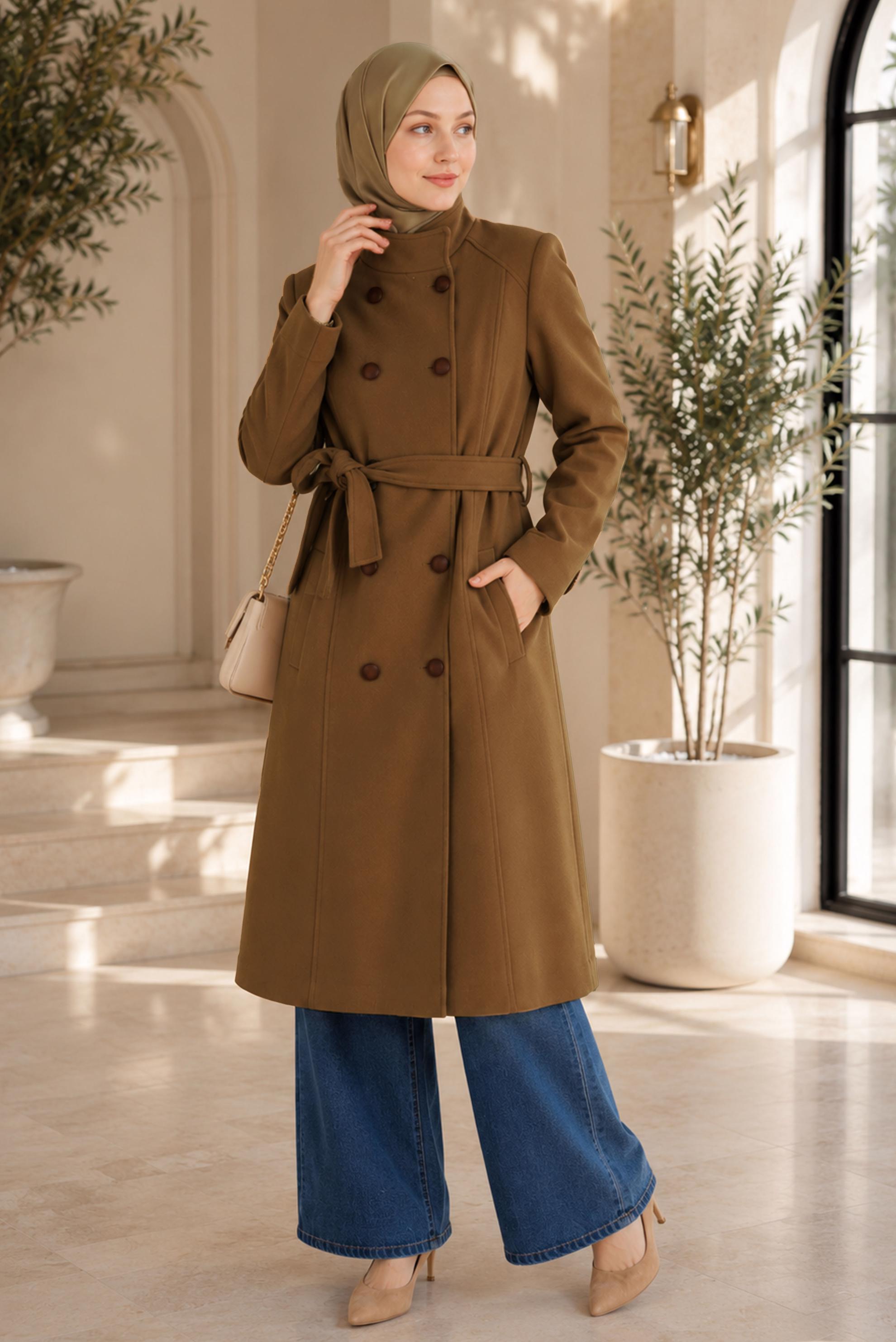 Vêtements hijab BEIGE MANTEAU CEINTURÉ À BOUTONS 90255
