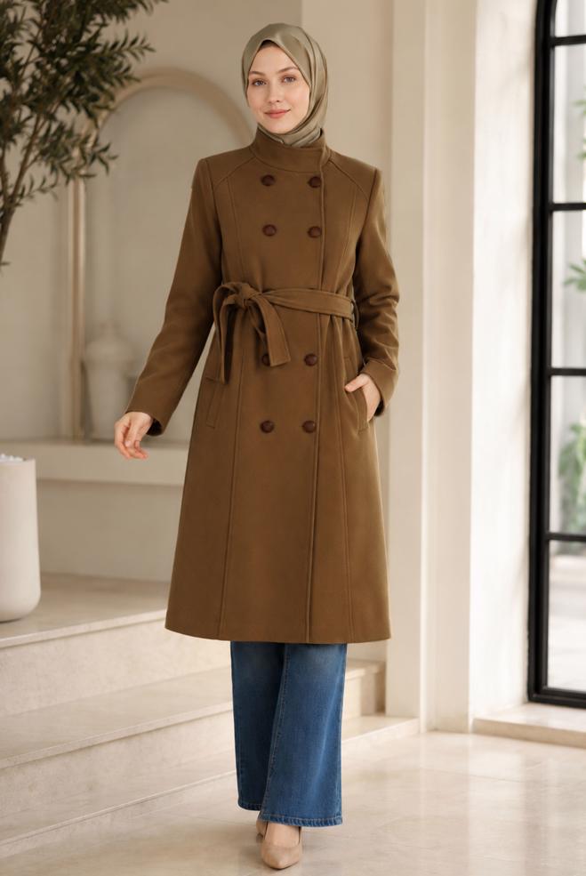 Vêtements hijab BEIGE MANTEAU CEINTURÉ À BOUTONS 90255 - ALVİNA