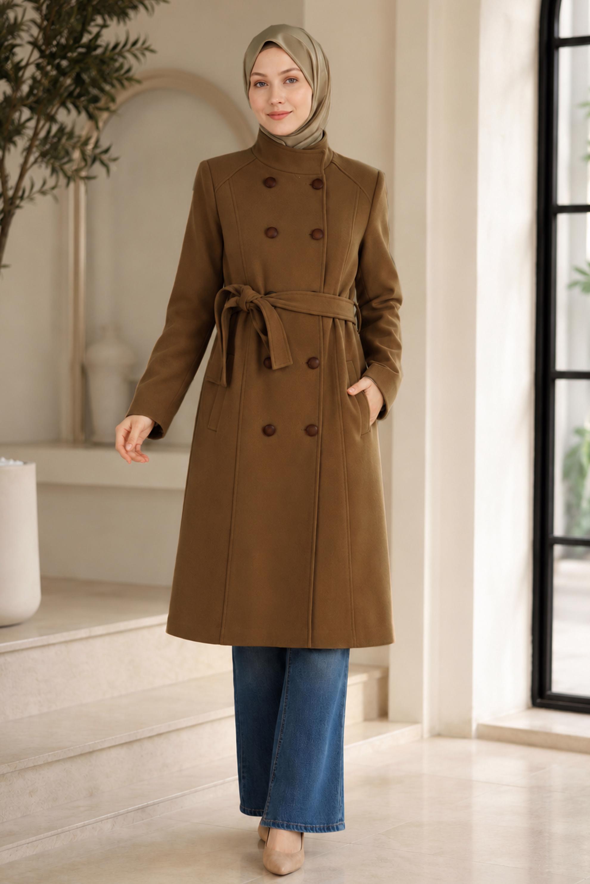Vêtements hijab BEIGE MANTEAU CEINTURÉ À BOUTONS 90255