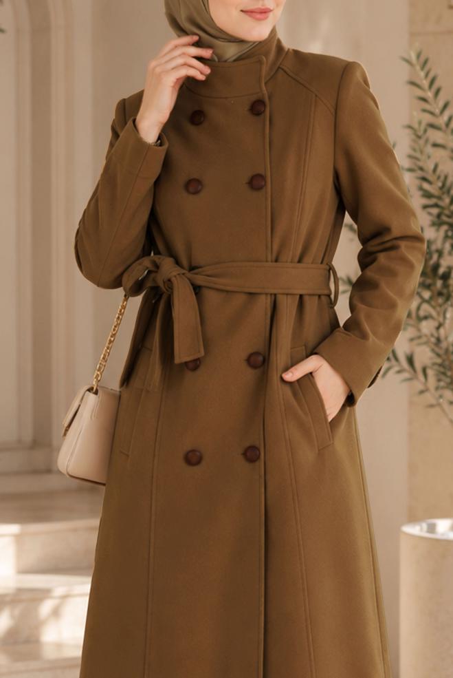 Vêtements hijab BEIGE MANTEAU CEINTURÉ À BOUTONS 90255 - ALVİNA