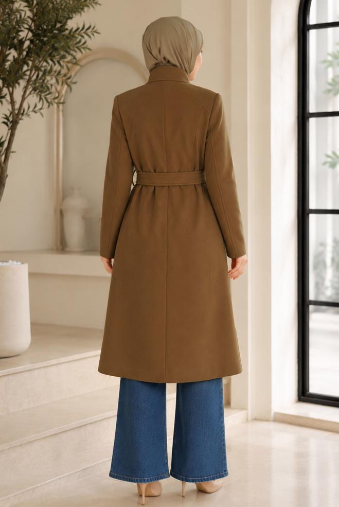 Vêtements hijab BEIGE MANTEAU CEINTURÉ À BOUTONS 90255 - ALVİNA