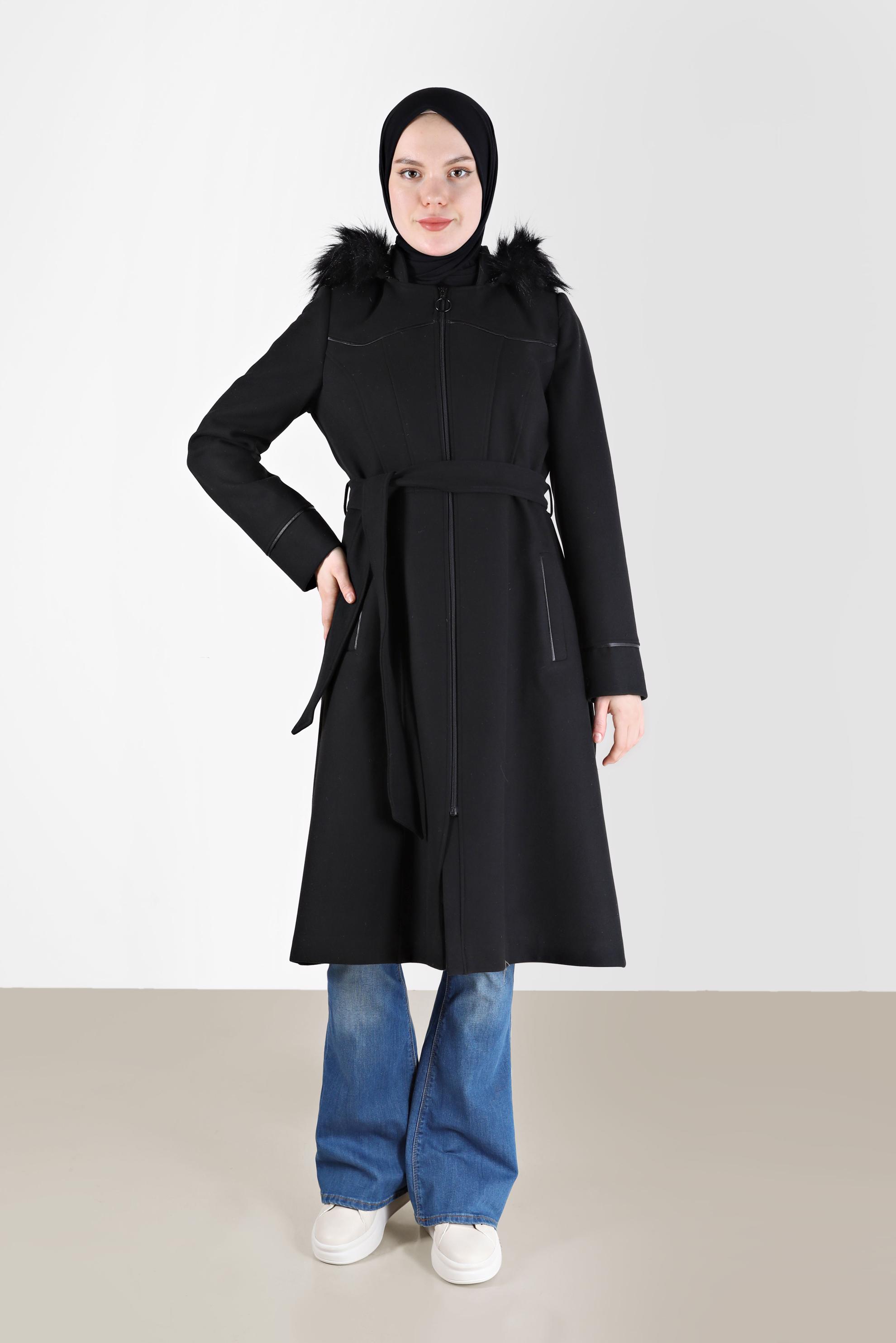 Vêtements hijab NOIR MANTEAU À CAPUCHE AVEC CEINTURE 90256