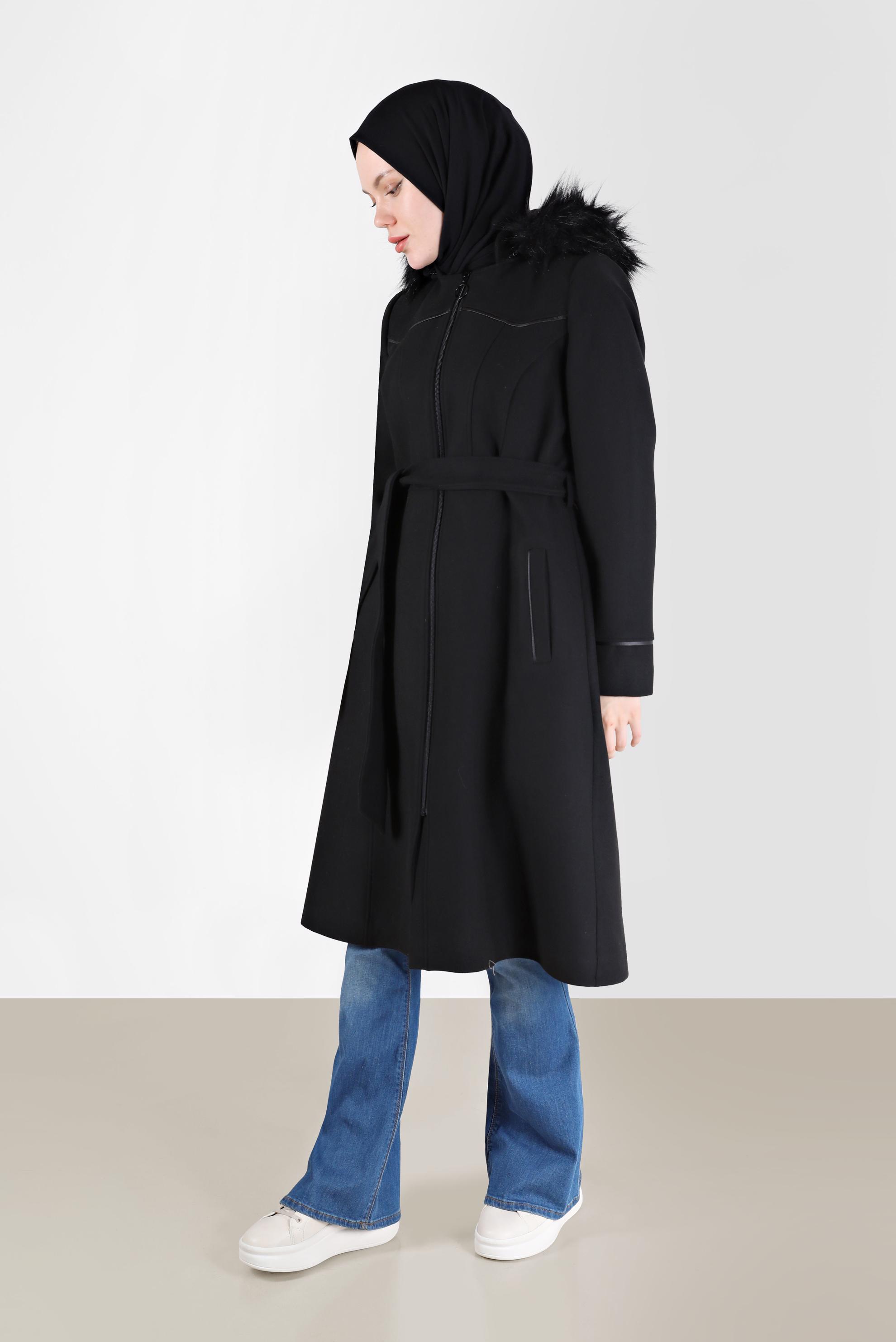 Vêtements hijab NOIR MANTEAU À CAPUCHE AVEC CEINTURE 90256