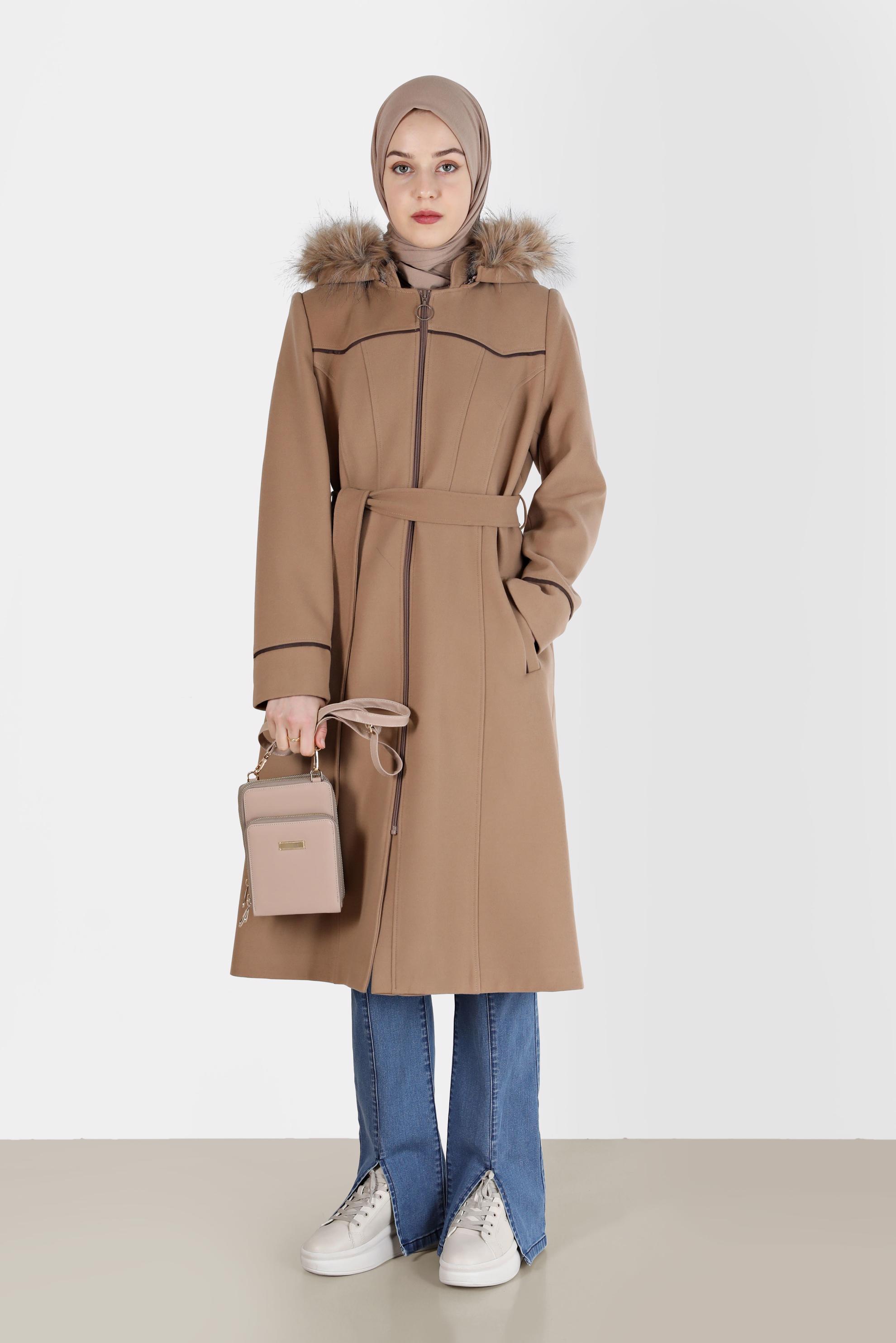 Vêtements hijab BRUN MANTEAU À CAPUCHE AVEC CEINTURE 90256