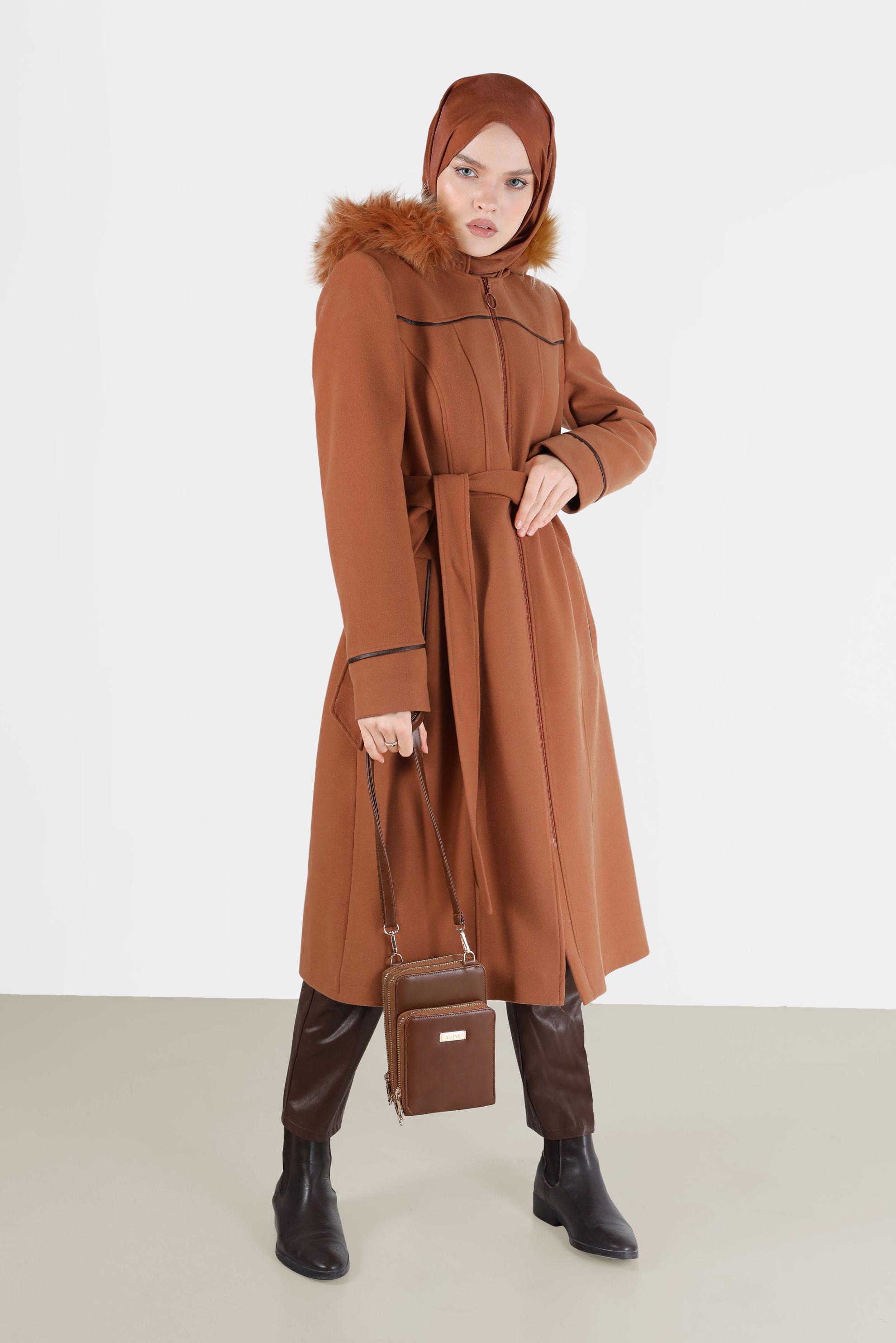 Hijab clothing TABA HOODED BELTED COAT 90256 