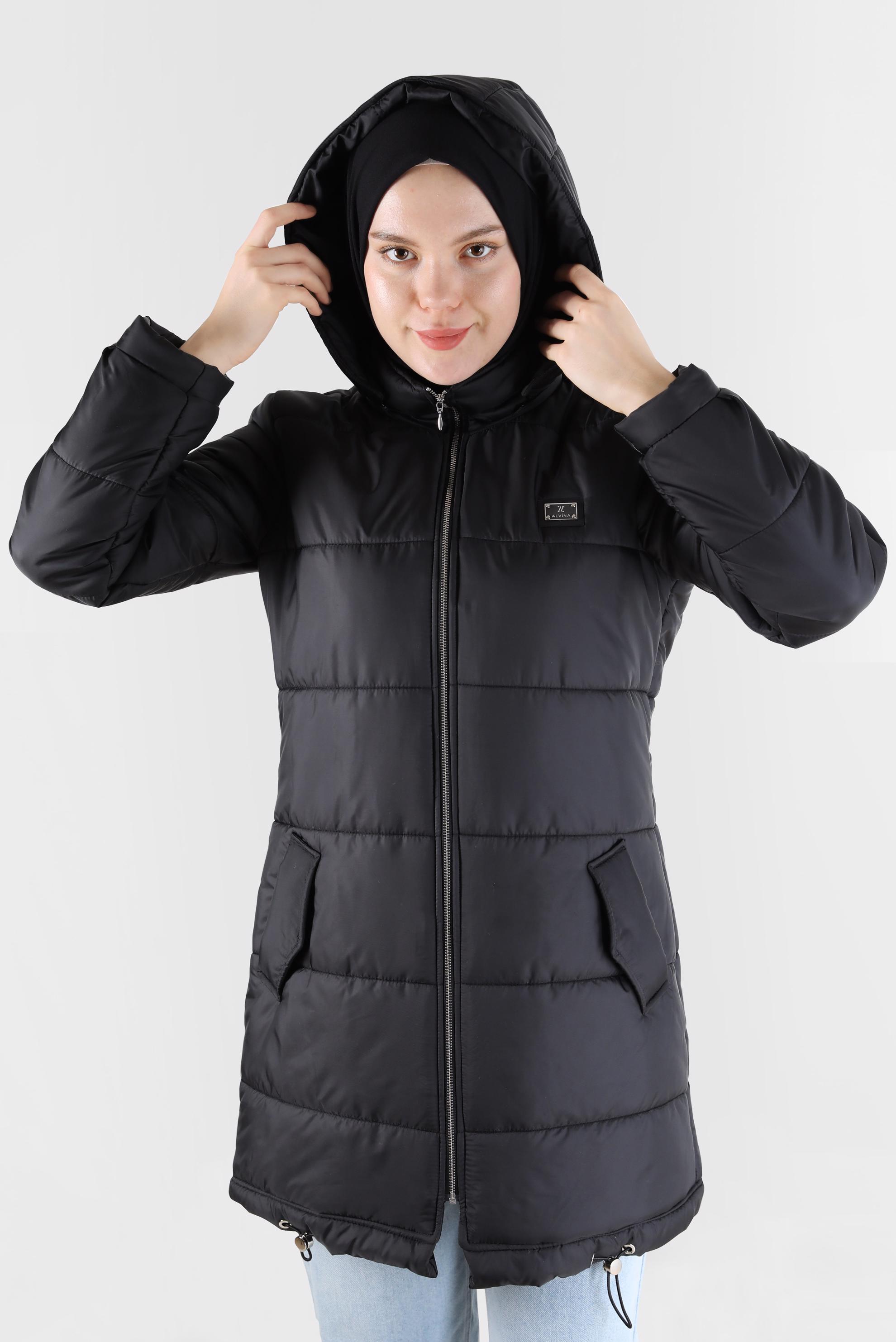 Hijab clothing BLACK HOODED PUFFER COAT WITH SMOCKING HEM 90275 