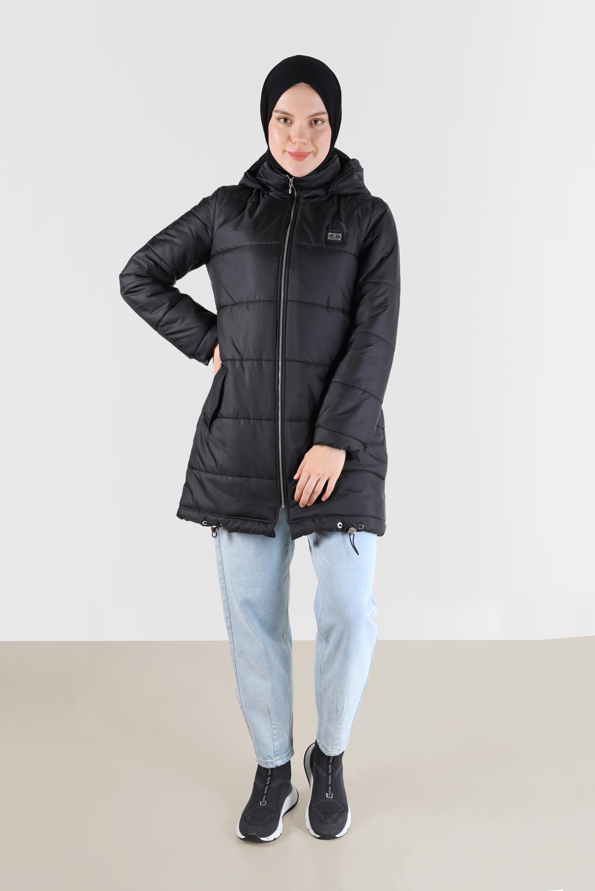 Hijab clothing BLACK HOODED PUFFER COAT WITH SMOCKING HEM 90275 