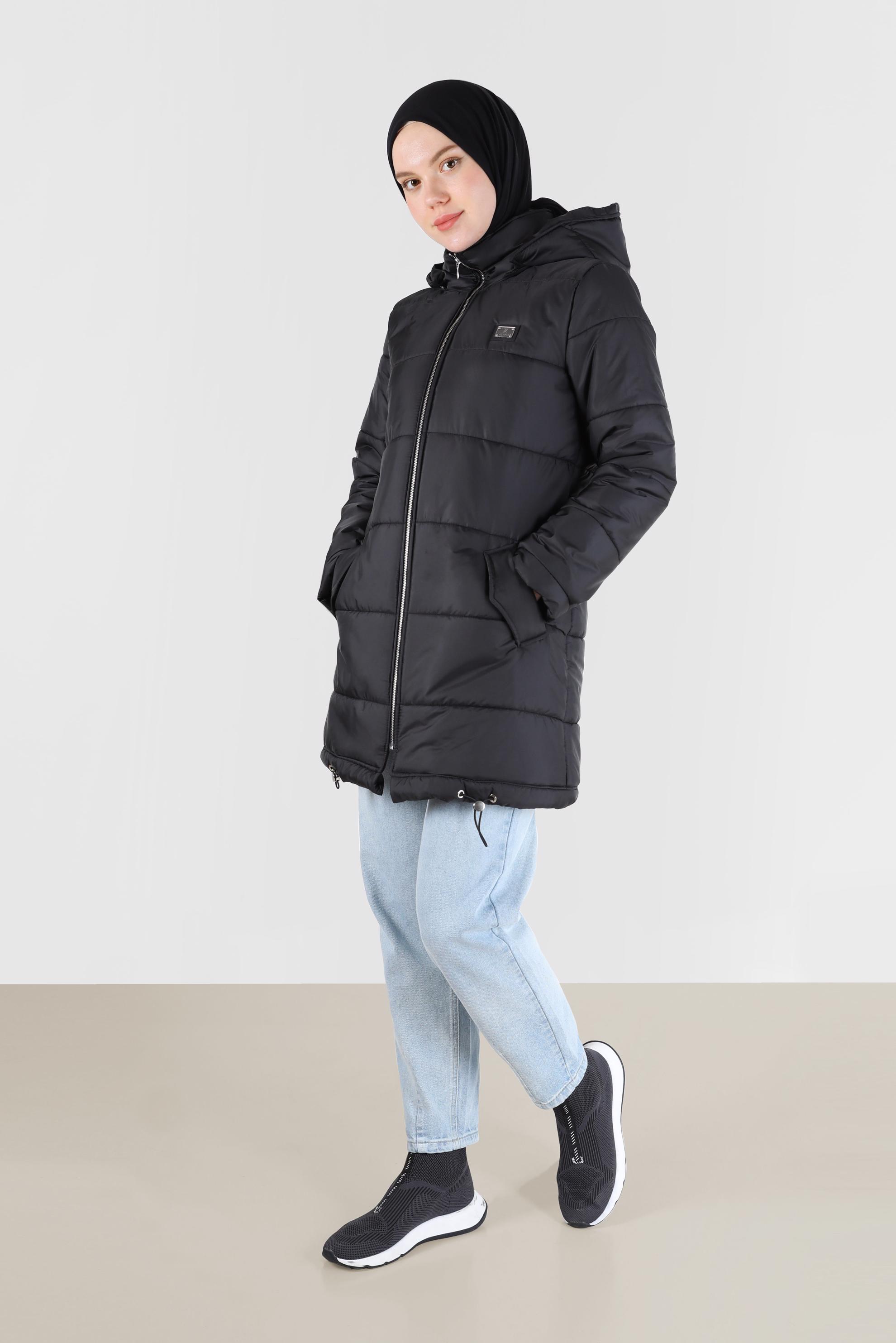 Hijab clothing BLACK HOODED PUFFER COAT WITH SMOCKING HEM 90275 