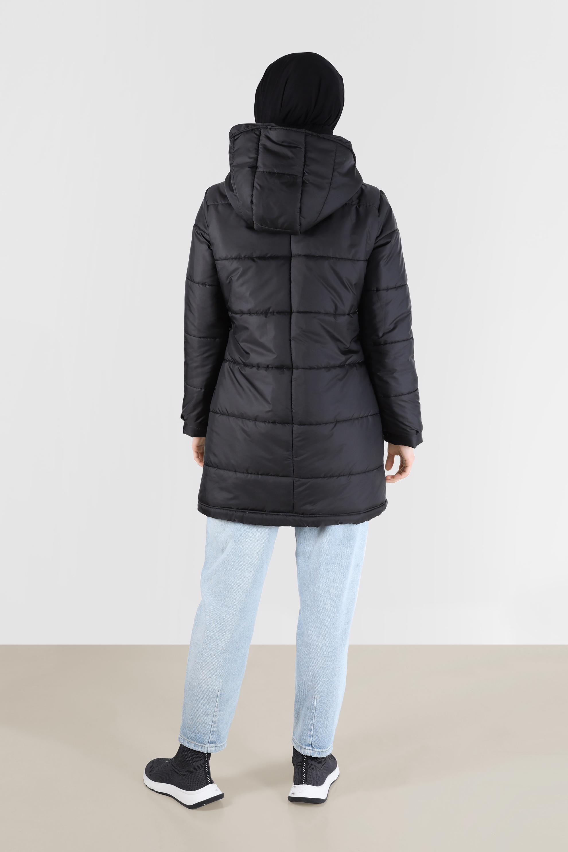 Hijab clothing BLACK HOODED PUFFER COAT WITH SMOCKING HEM 90275 