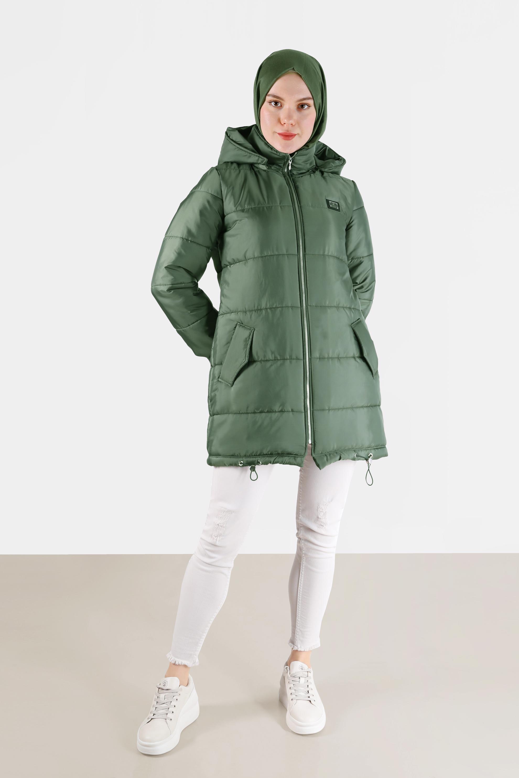 Hijab clothing KHAKI HOODED PUFFER COAT WITH SMOCKING HEM 90275 
