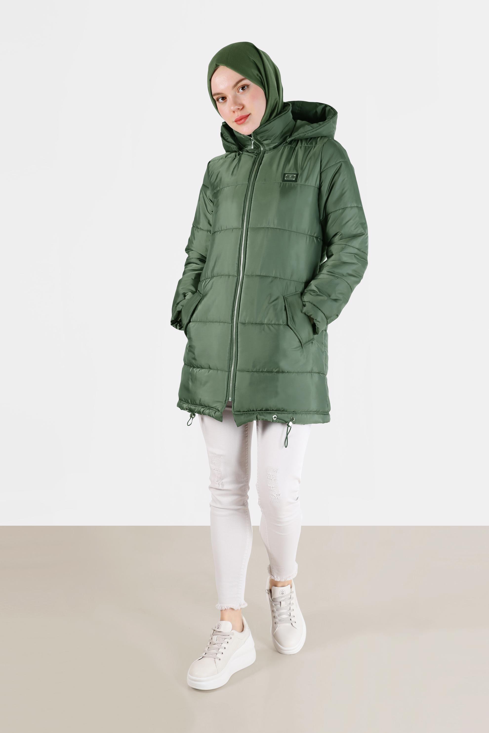 Hijab clothing KHAKI HOODED PUFFER COAT WITH SMOCKING HEM 90275 