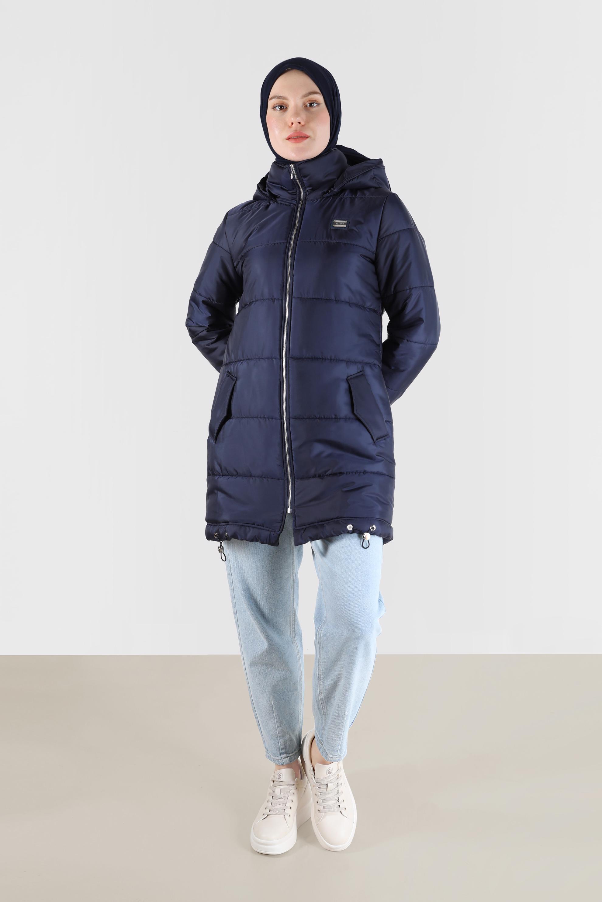 Hijab clothing NAVY BLUE HOODED PUFFER COAT WITH SMOCKING HEM 90275 