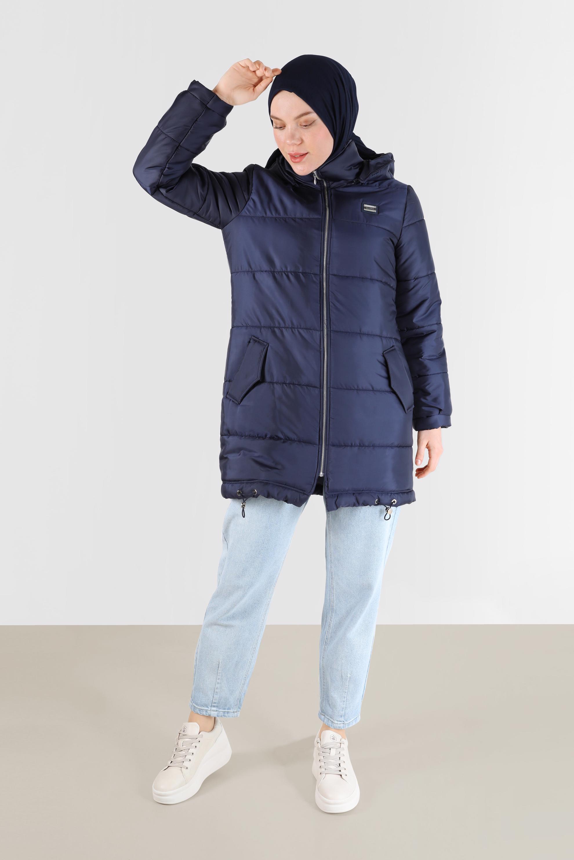 Hijab clothing NAVY BLUE HOODED PUFFER COAT WITH SMOCKING HEM 90275 