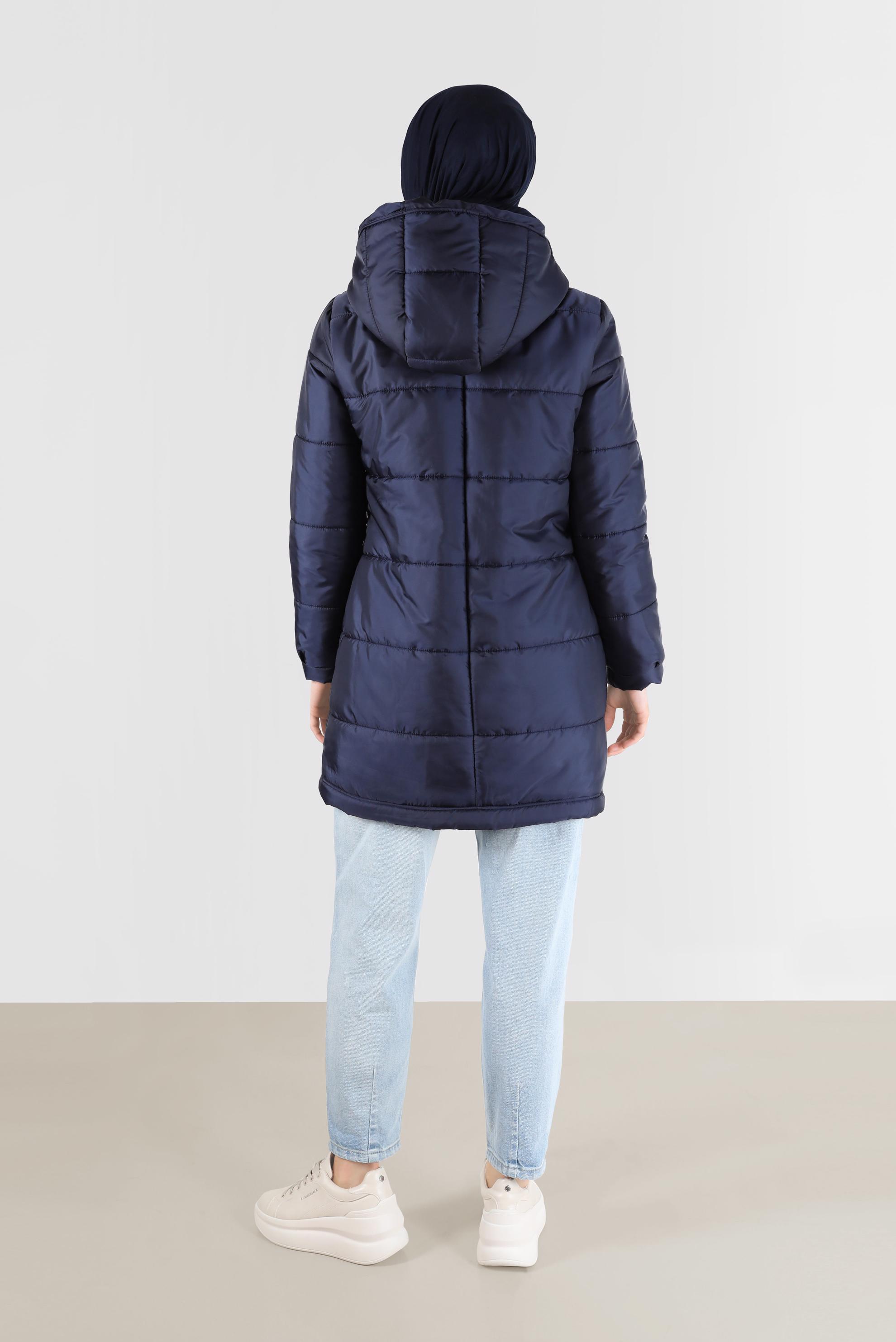 Hijab clothing NAVY BLUE HOODED PUFFER COAT WITH SMOCKING HEM 90275 