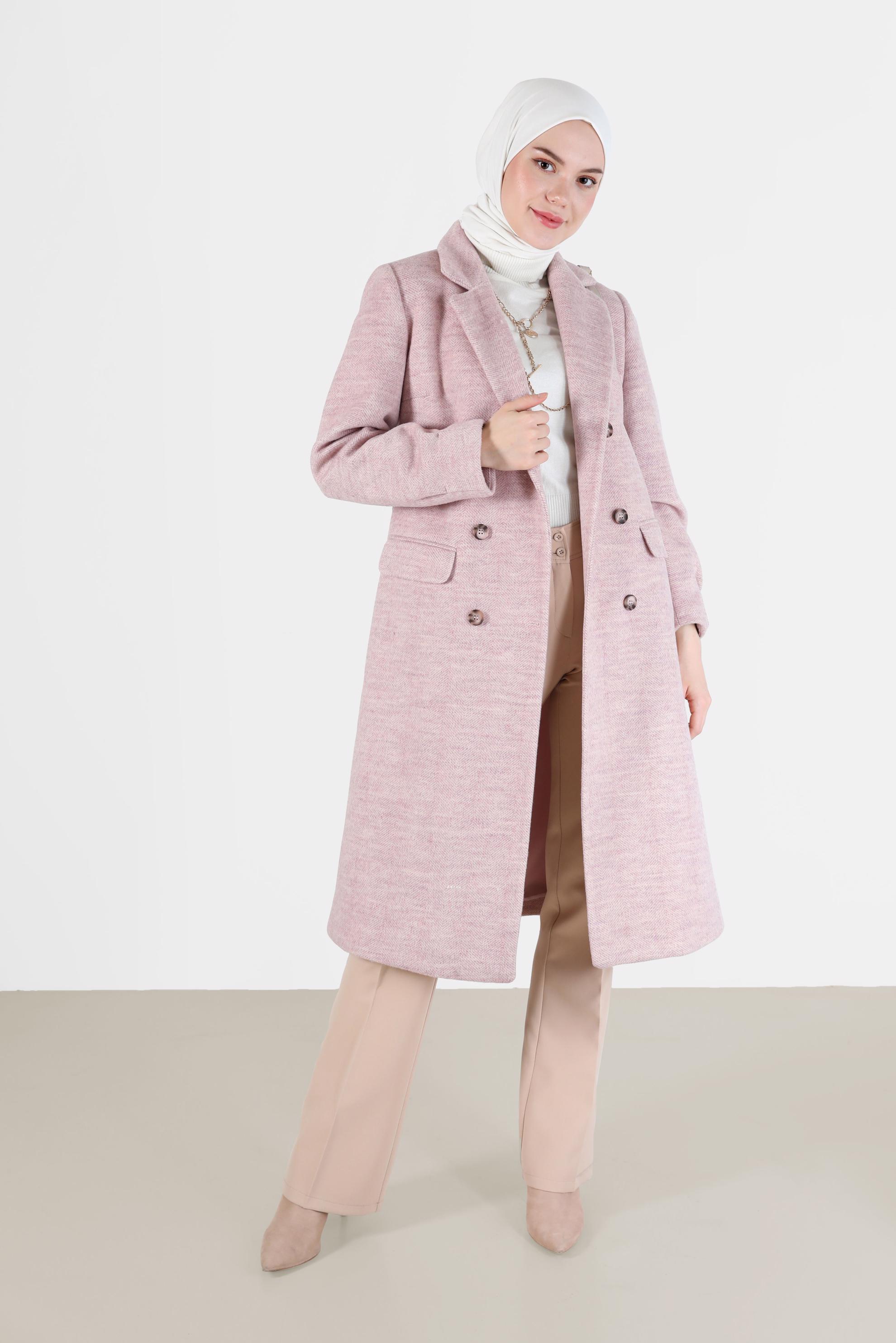 Tesettür giyim PUDRA DÜĞMELİ KUŞAKLI KRUVAZE YAKA KABAN 90282 