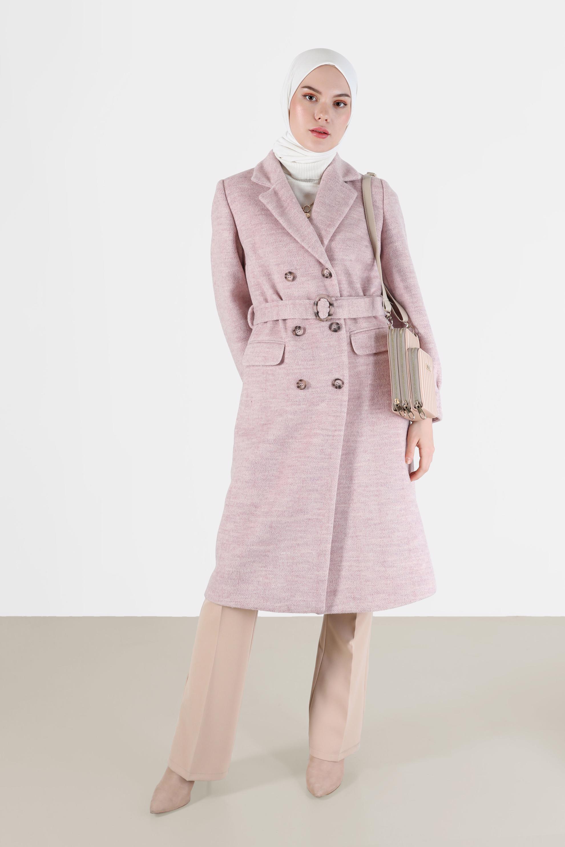 Tesettür giyim PUDRA DÜĞMELİ KUŞAKLI KRUVAZE YAKA KABAN 90282 