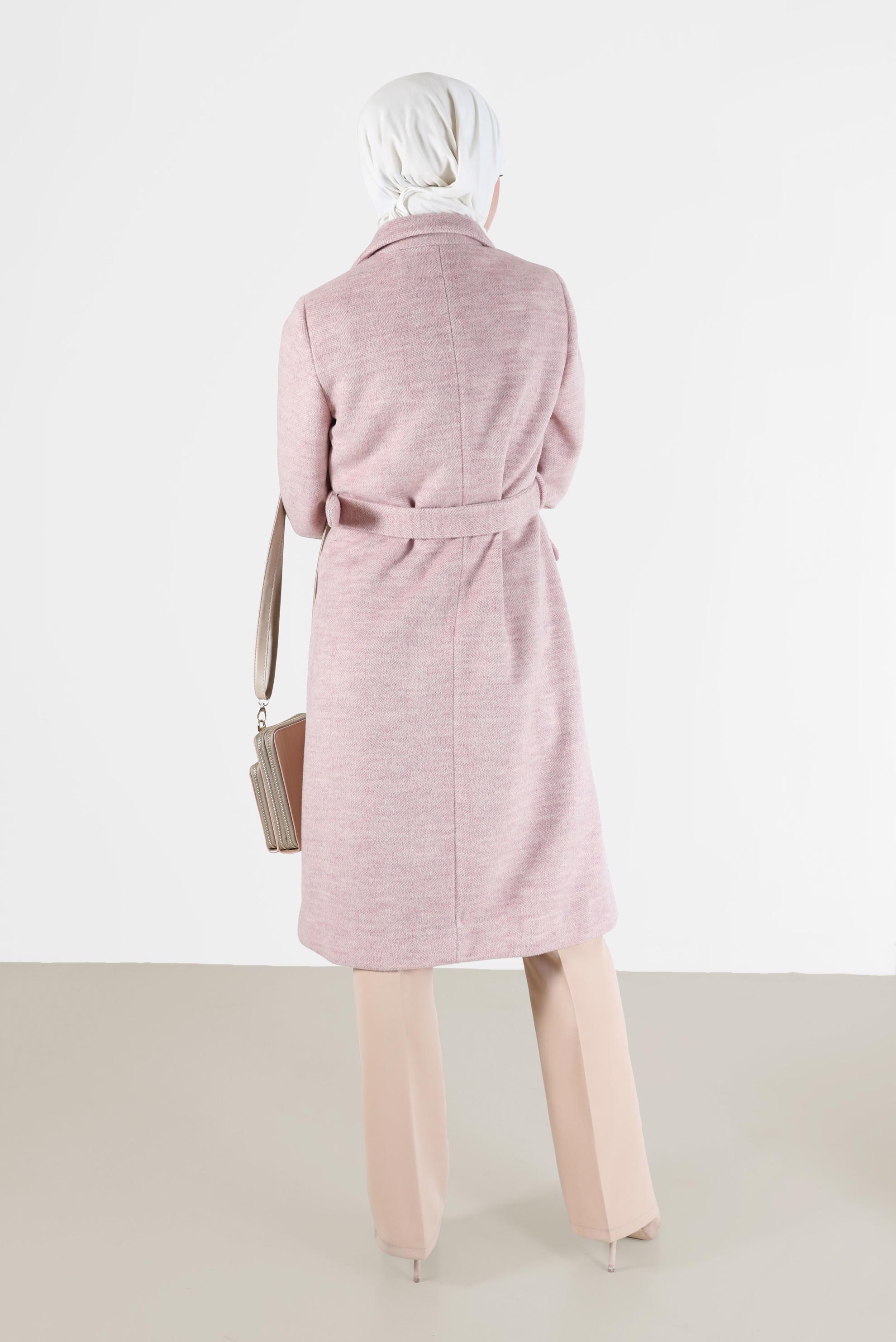 Tesettür giyim PUDRA DÜĞMELİ KUŞAKLI KRUVAZE YAKA KABAN 90282 