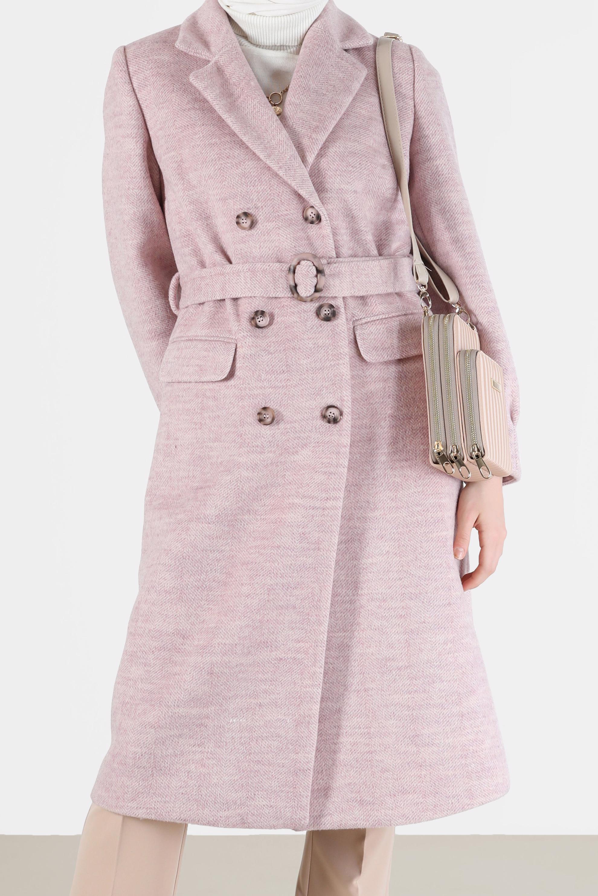 Tesettür giyim PUDRA DÜĞMELİ KUŞAKLI KRUVAZE YAKA KABAN 90282 