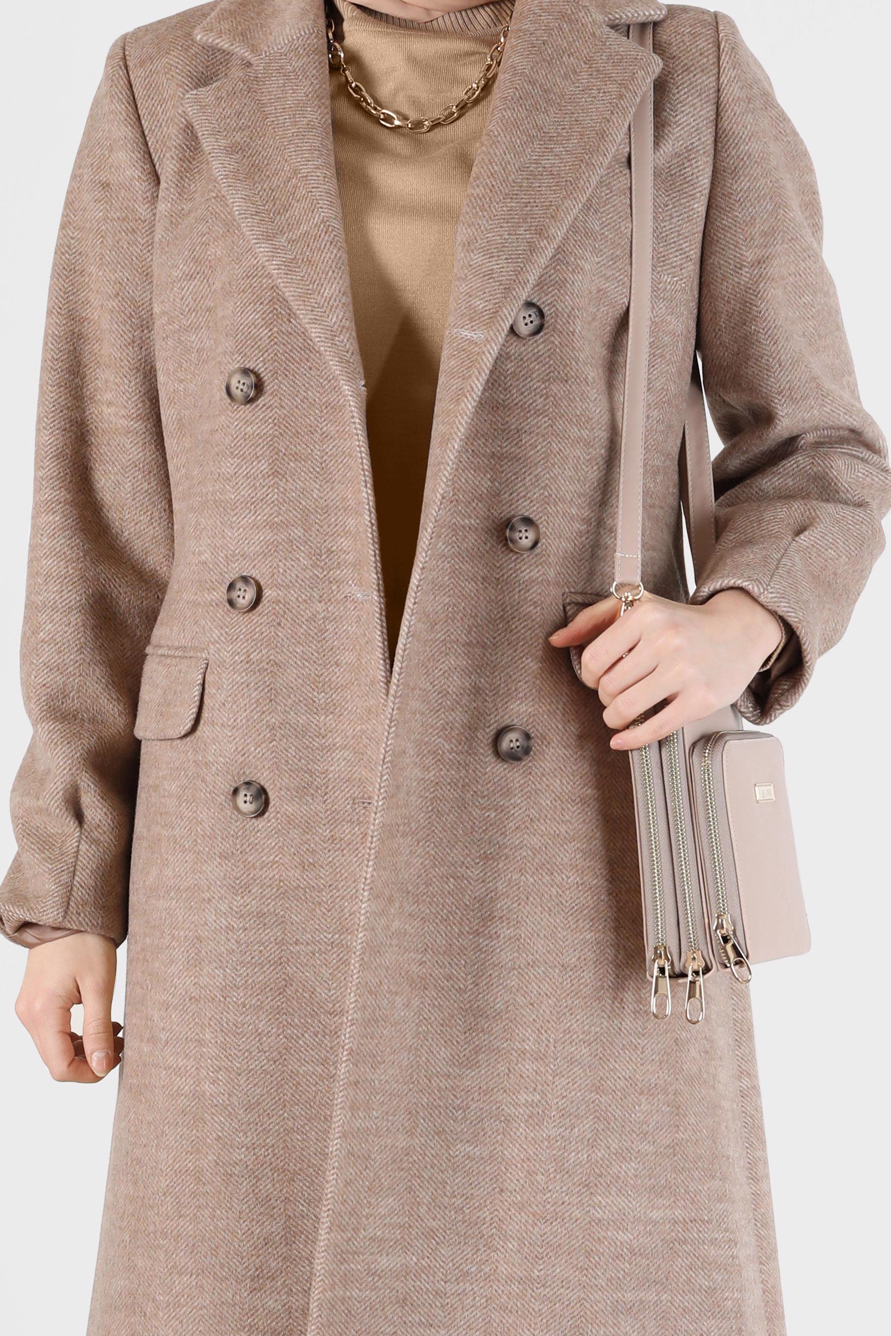 Tesettür giyim VİZON DÜĞMELİ KUŞAKLI KRUVAZE YAKA KABAN 90282 