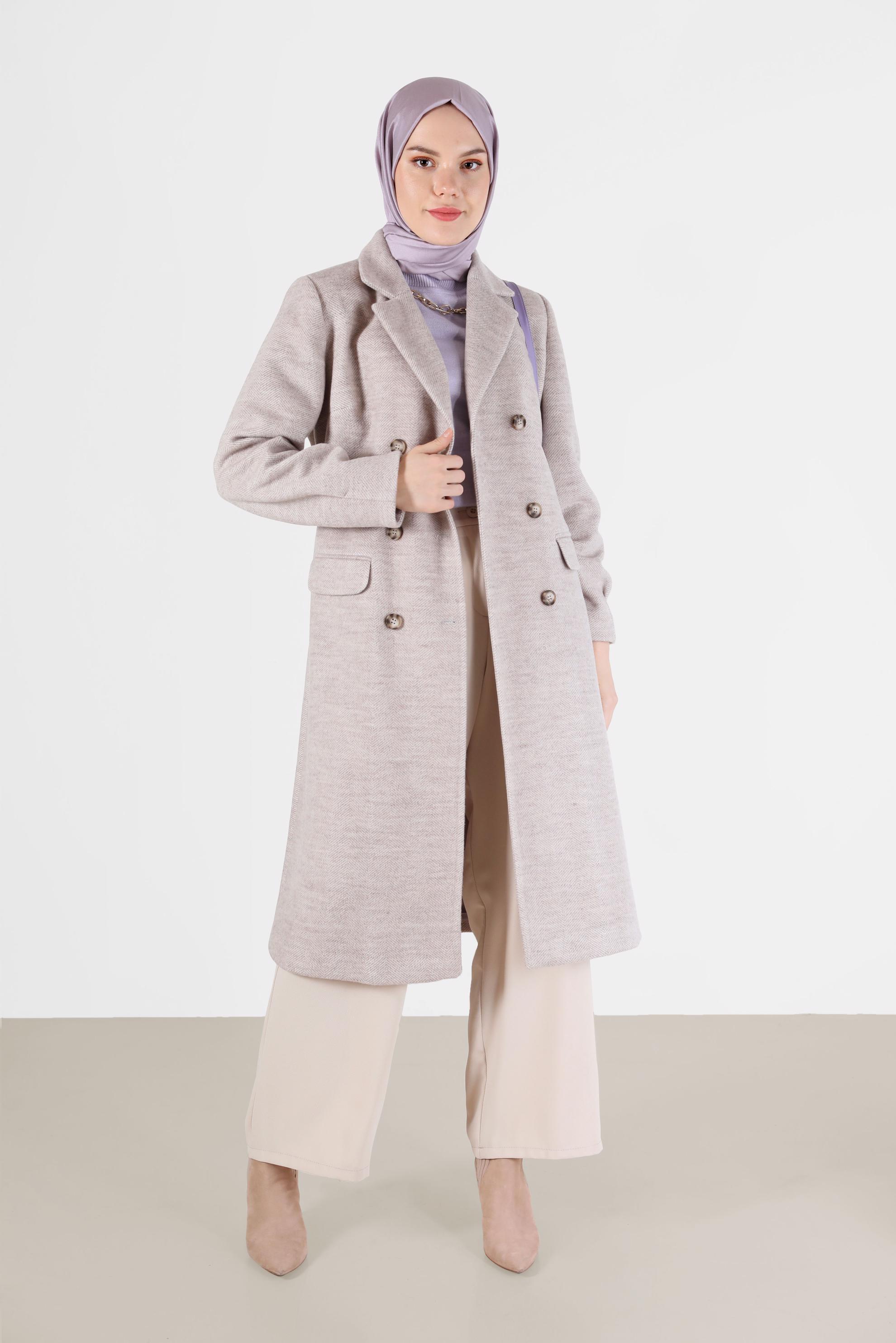 Tesettür giyim BEJ DÜĞMELİ KUŞAKLI KRUVAZE YAKA KABAN 90282 