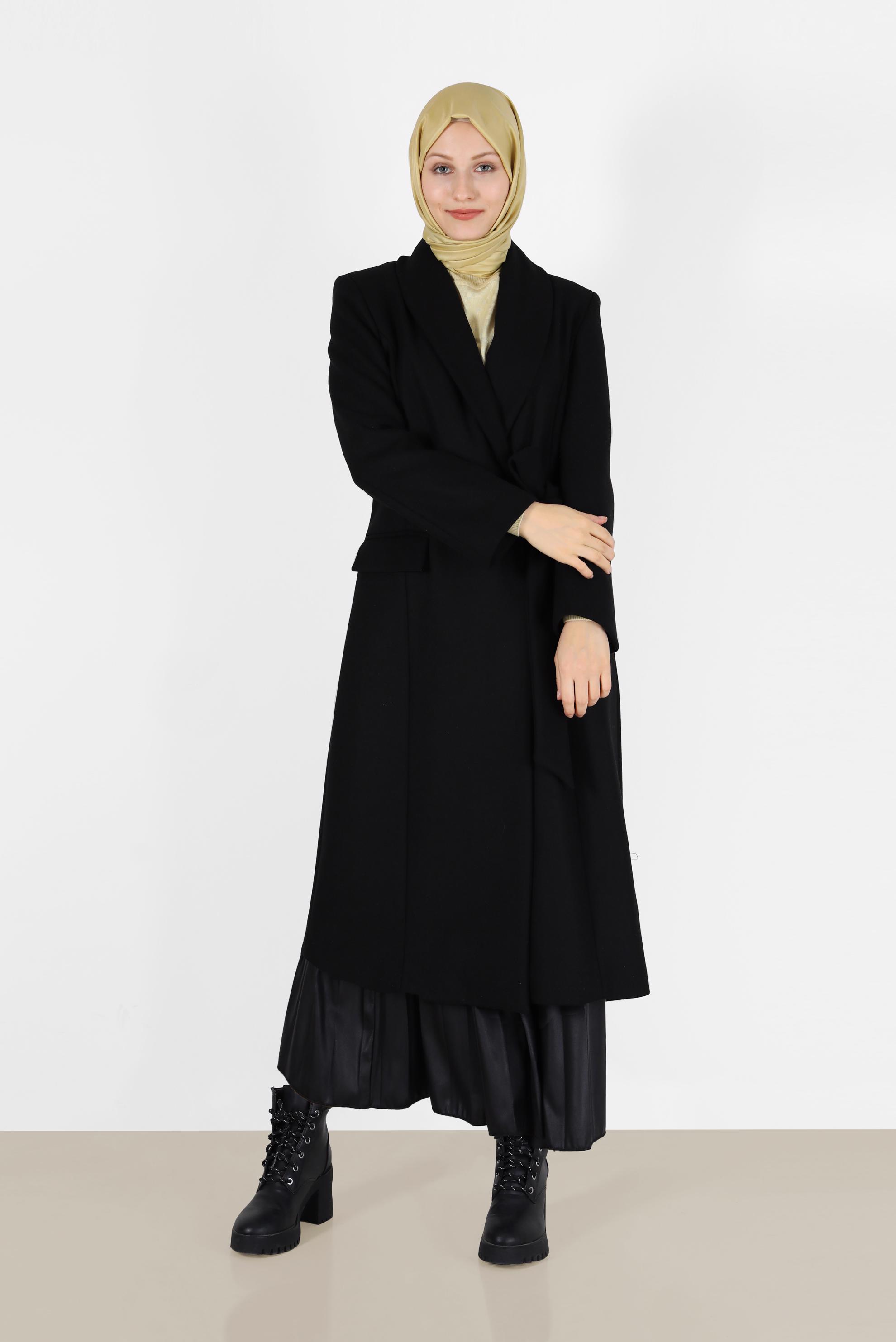 Hijab clothing BLACK BELTED DOUBLE BREASTED COAT 90285 