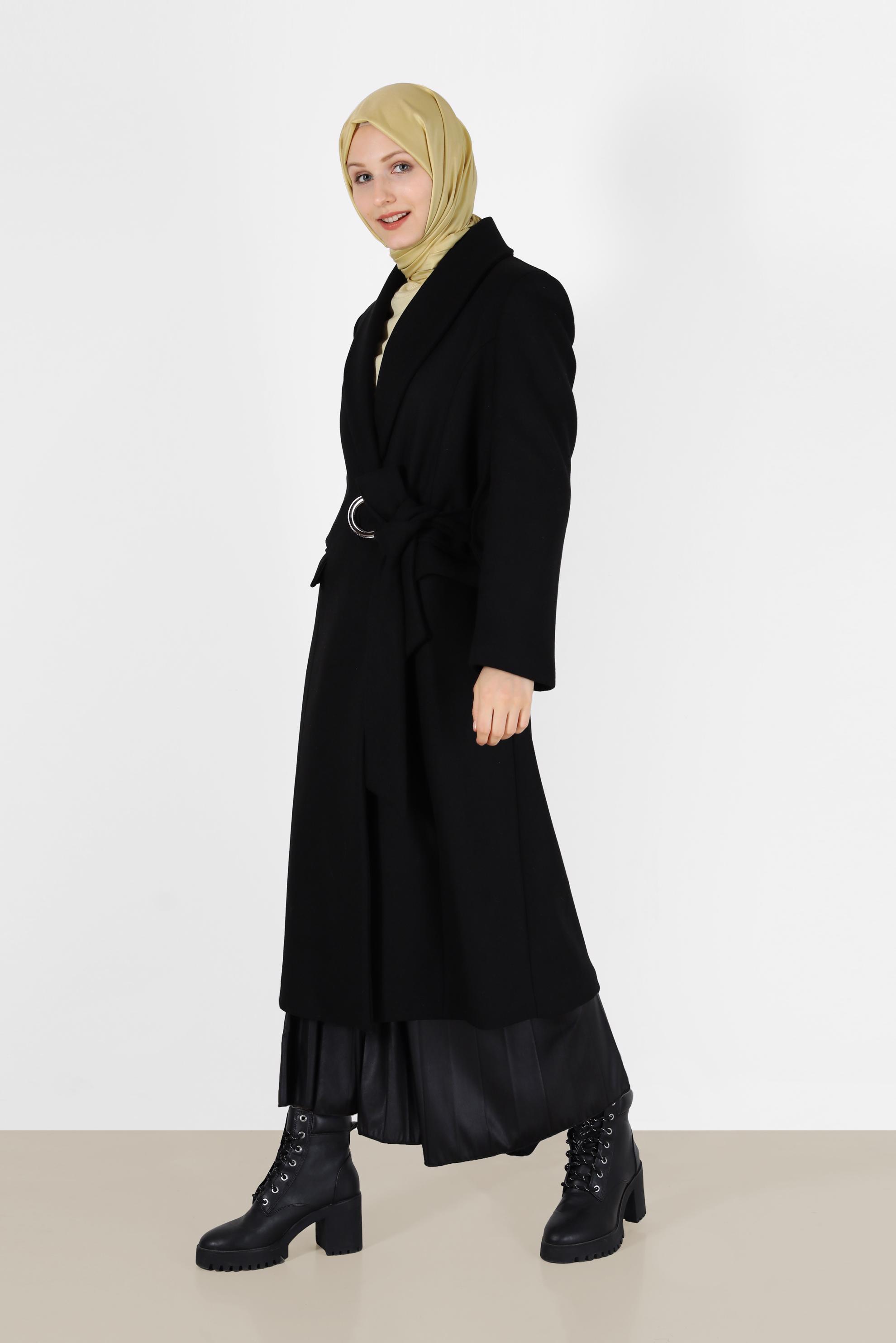Hijab clothing BLACK BELTED DOUBLE BREASTED COAT 90285 
