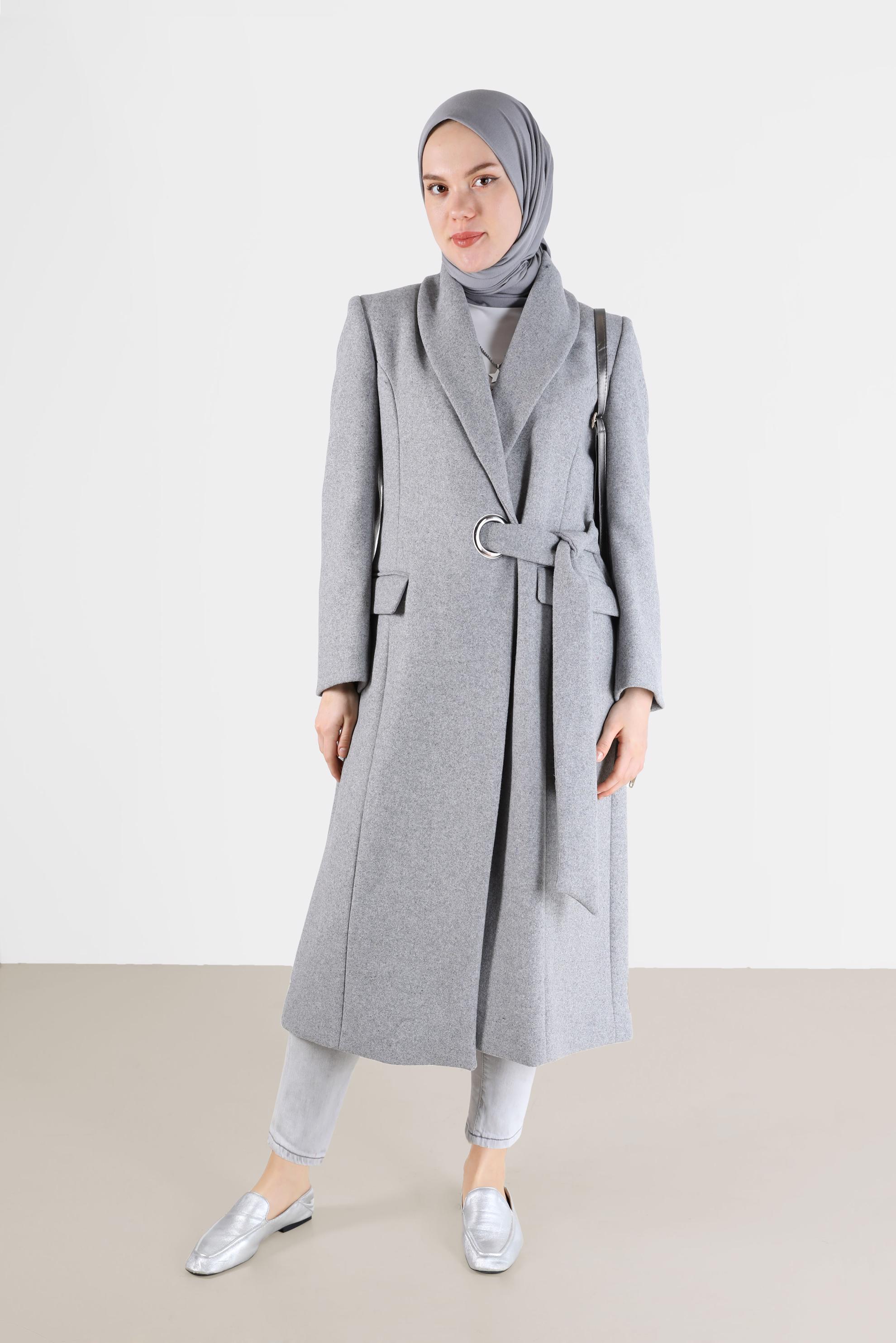 Vêtements hijab GRIS MANTEAU DOUBLE BOUTONNAGE À CEINTURE 90285