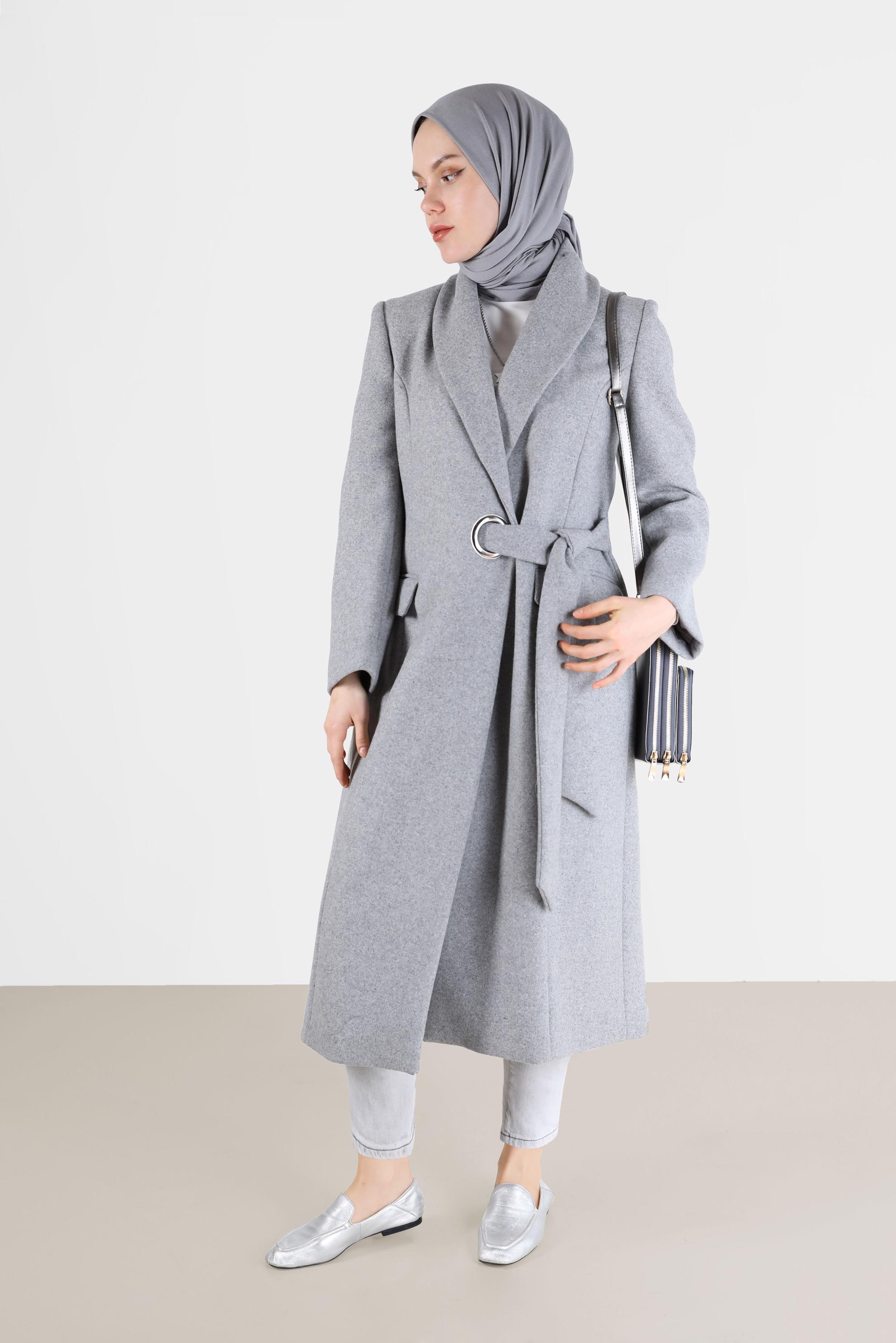 Vêtements hijab GRIS MANTEAU DOUBLE BOUTONNAGE À CEINTURE 90285