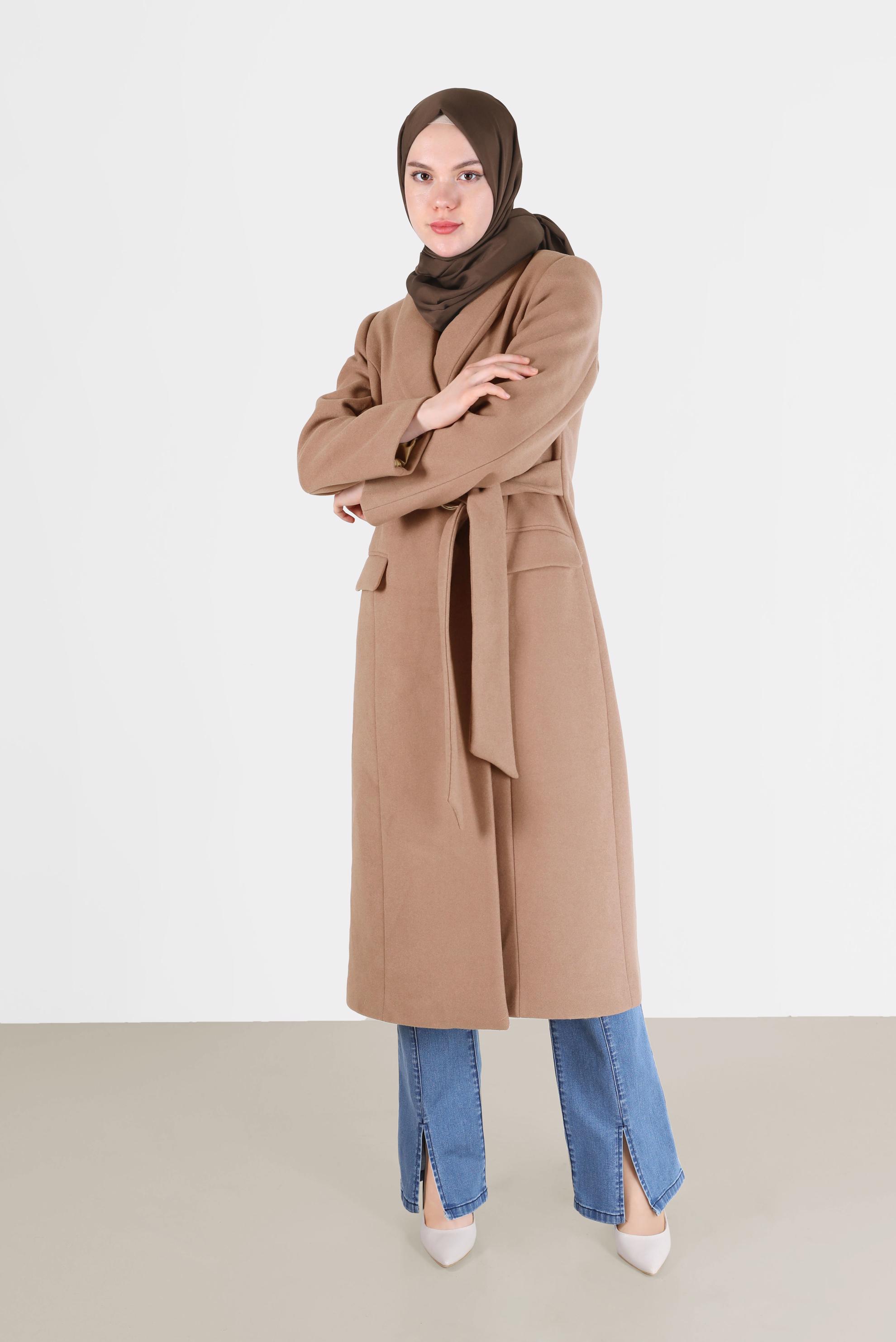 Tesettür giyim KAHVE KEMERLİ KRUVAZE YAKA KABAN 90285	