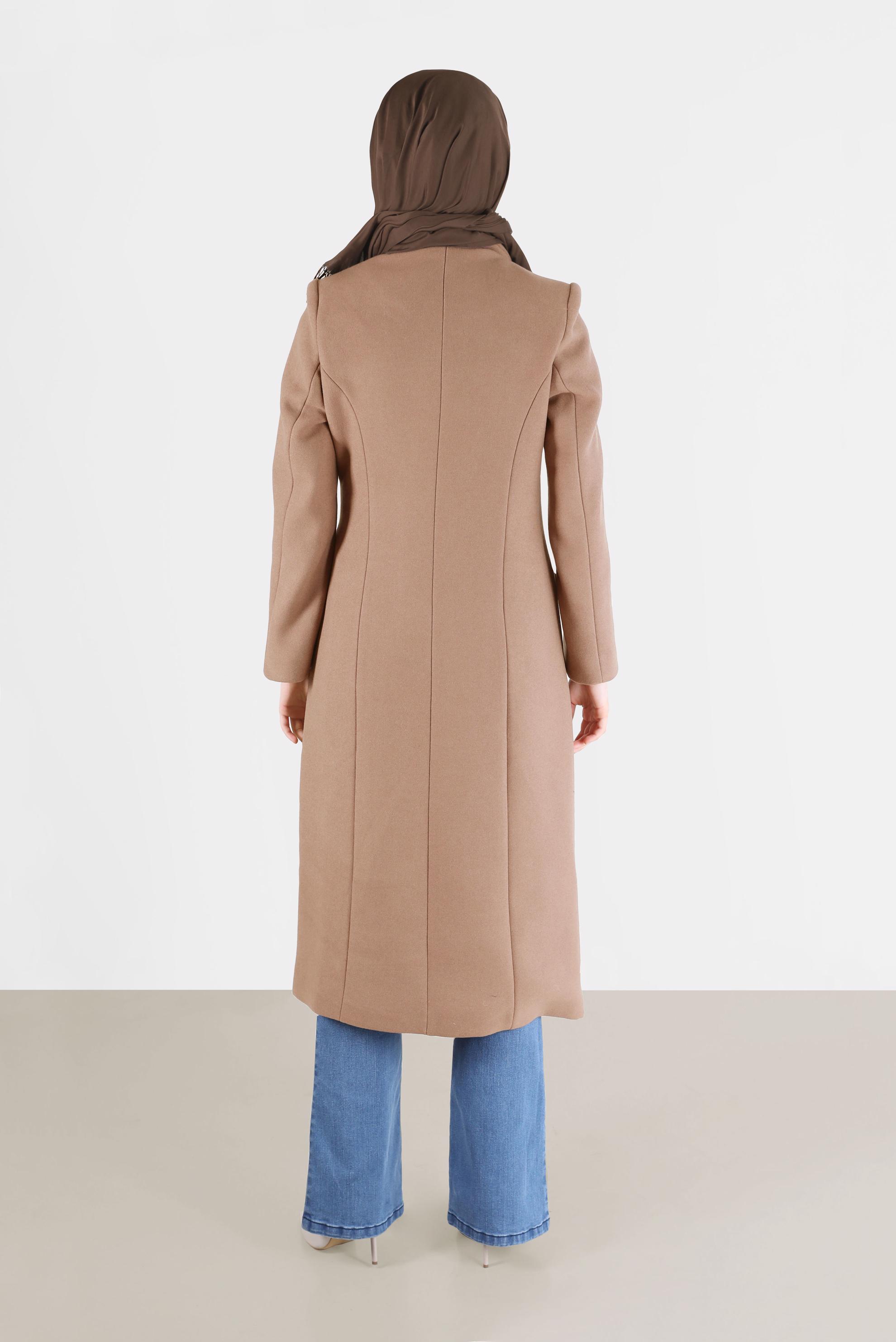 Tesettür giyim KAHVE KEMERLİ KRUVAZE YAKA KABAN 90285	