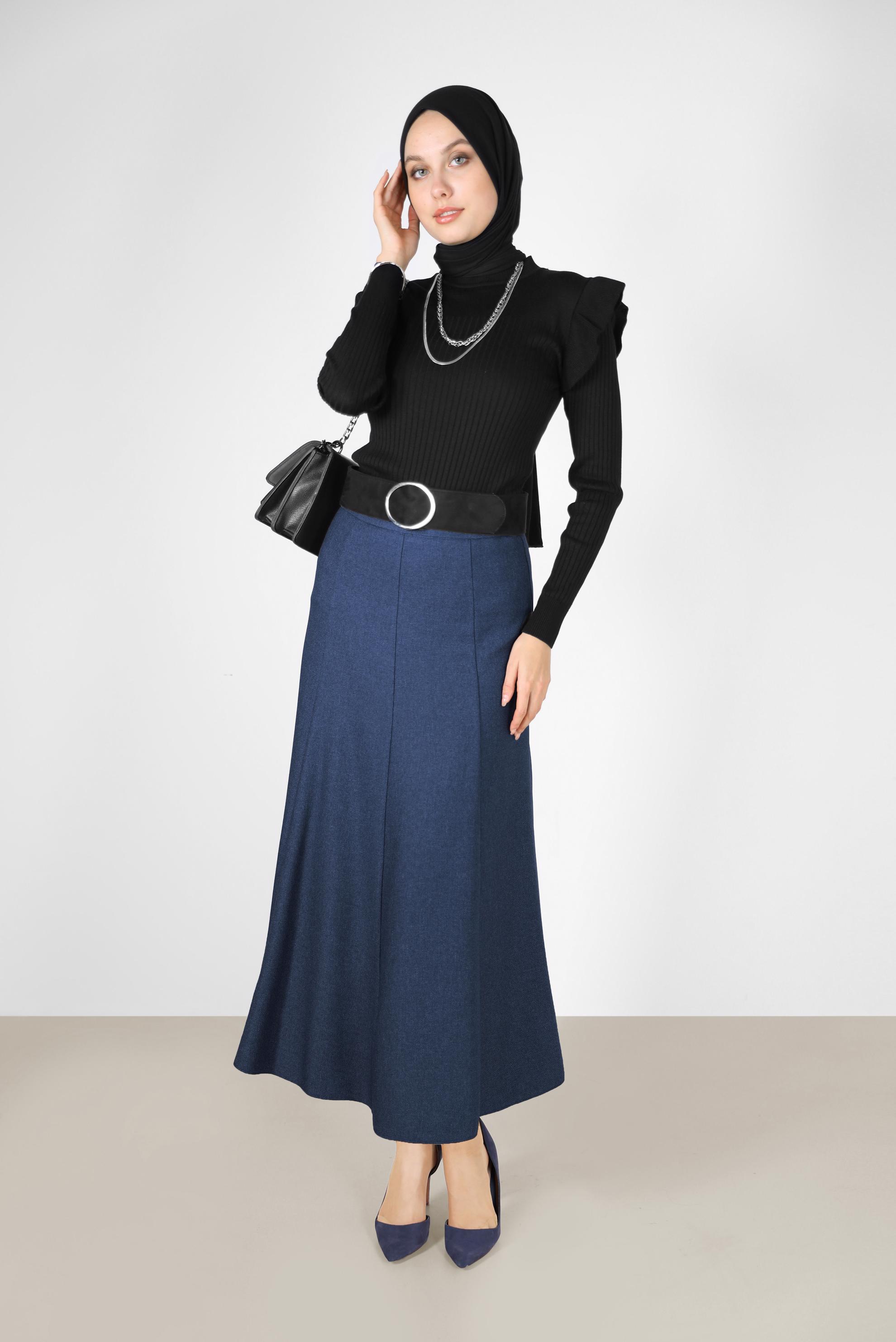 Tesettür giyim SİYAH KOLLARI FIRFIRLI TRİKO KAZAK 42069 