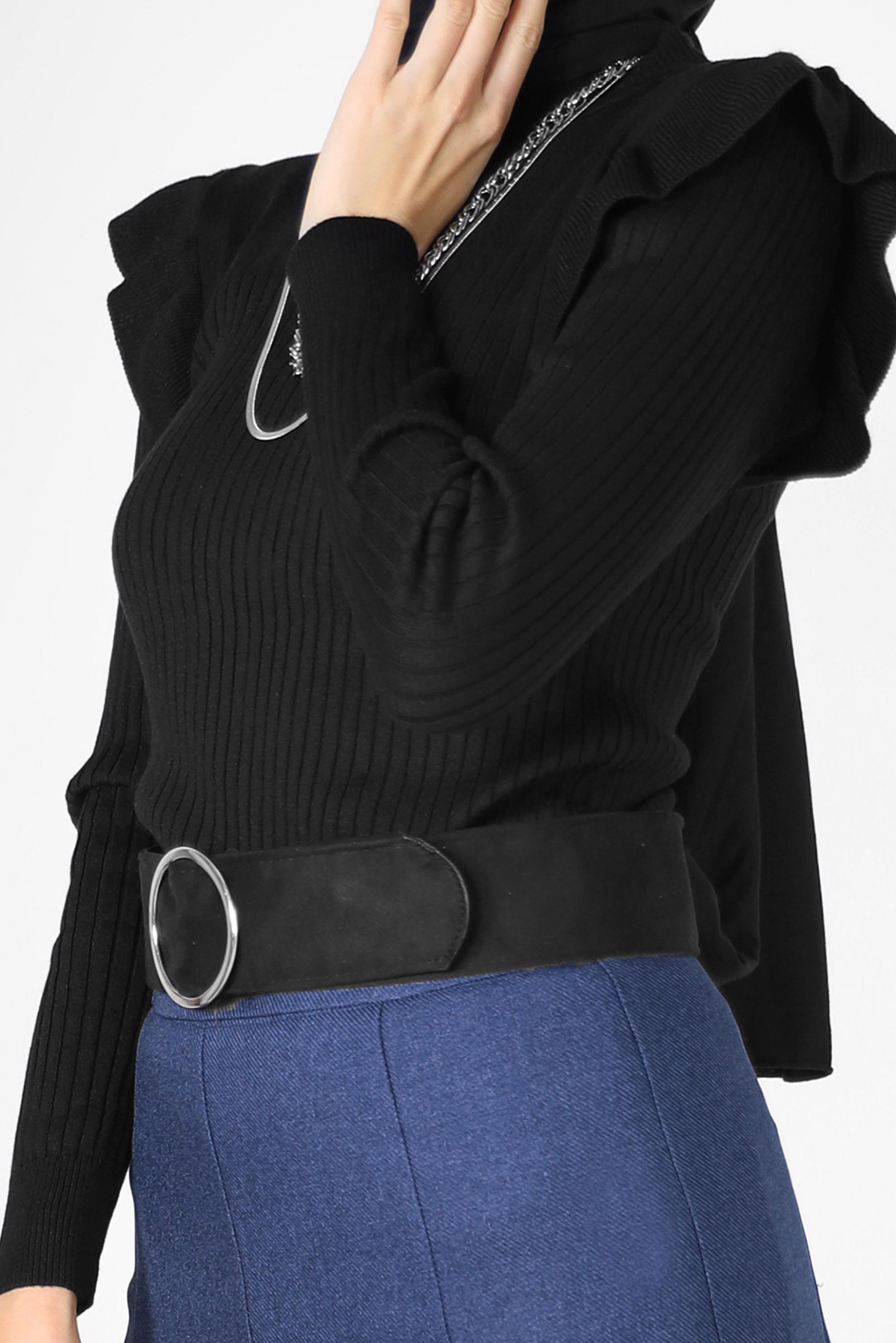 Tesettür giyim SİYAH KOLLARI FIRFIRLI TRİKO KAZAK 42069 