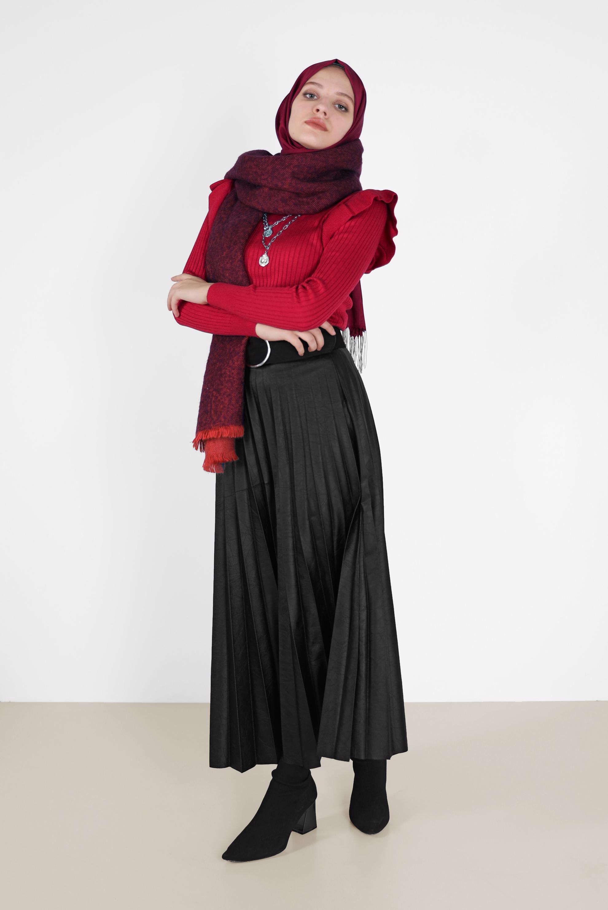 Tesettür giyim KIRMIZI KOLLARI FIRFIRLI TRİKO KAZAK 42069 