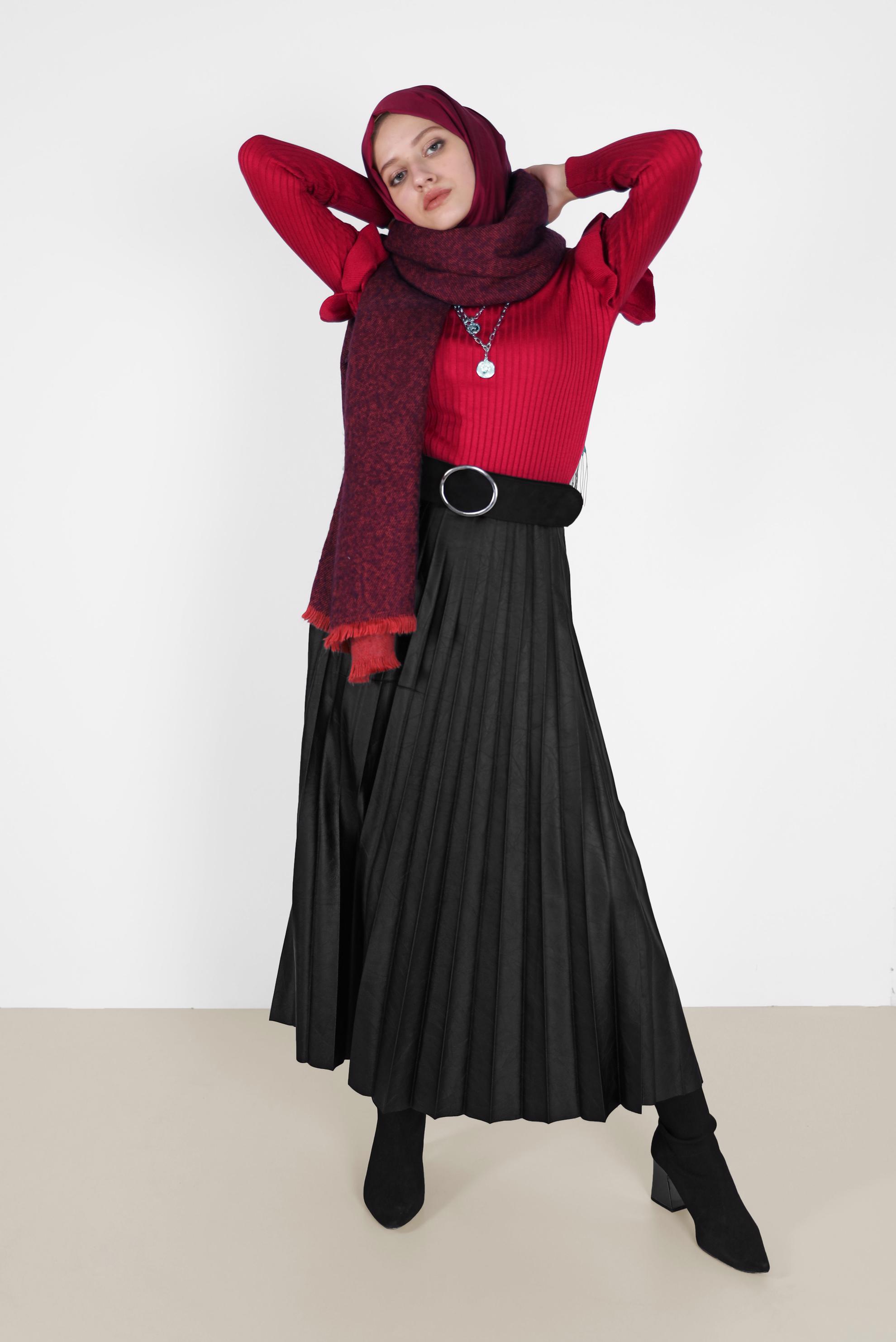 Tesettür giyim KIRMIZI KOLLARI FIRFIRLI TRİKO KAZAK 42069 