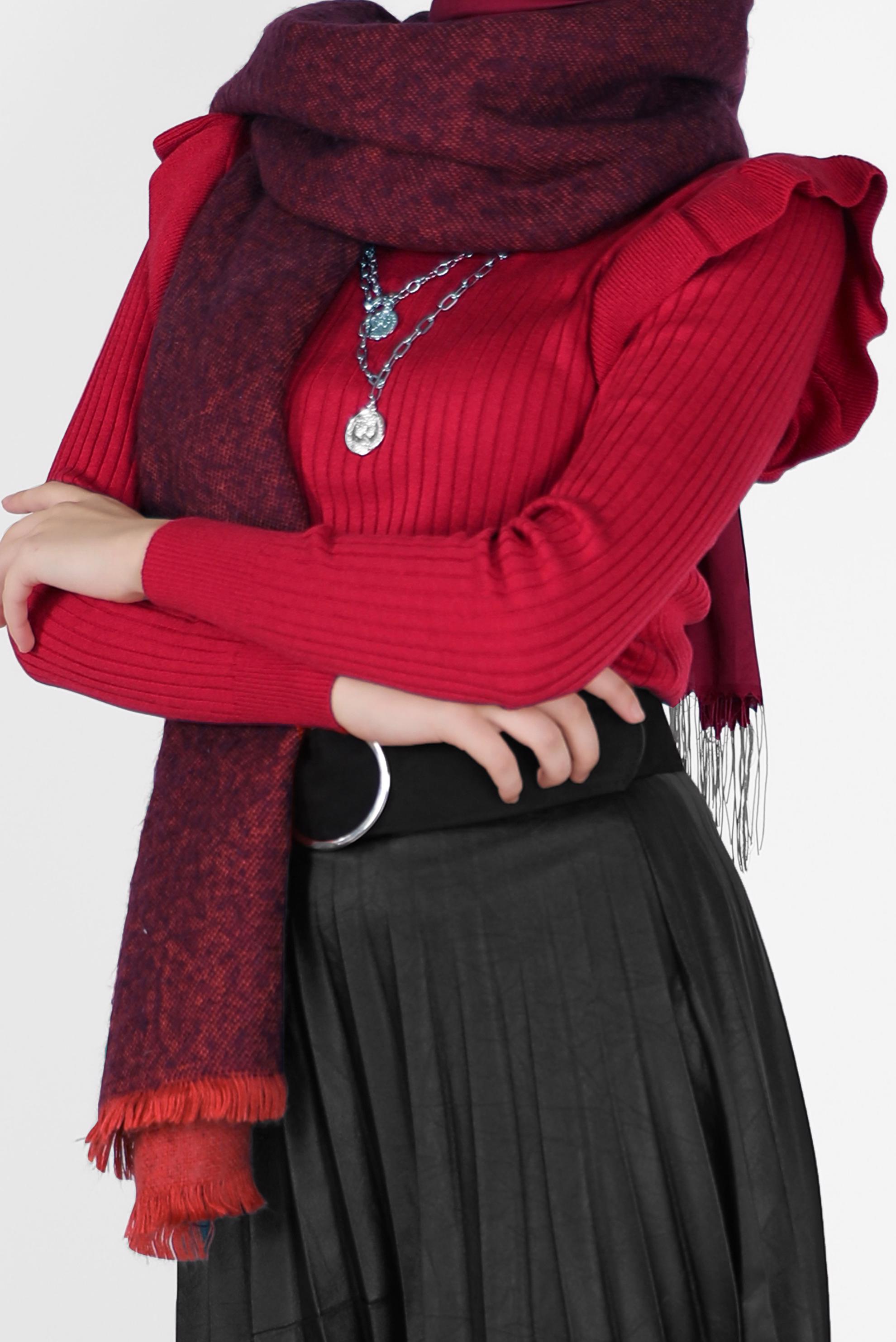 Tesettür giyim KIRMIZI KOLLARI FIRFIRLI TRİKO KAZAK 42069 