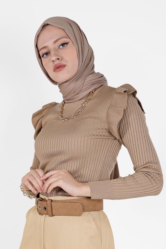 Tesettür giyim  KOLLARI FIRFIRLI TRİKO KAZAK 42069  - ALVİNA