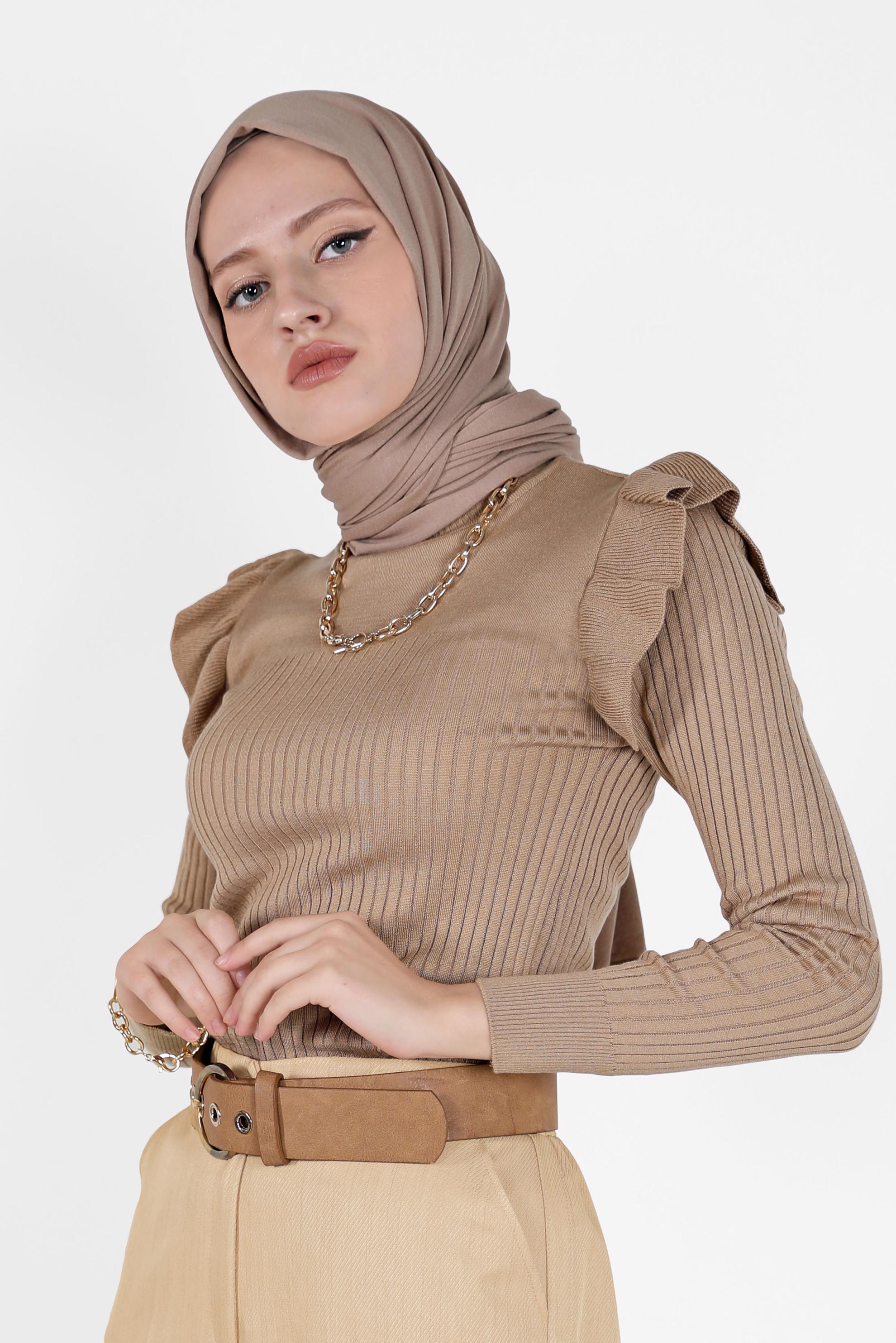 Tesettür giyim KAHVE KOLLARI FIRFIRLI TRİKO KAZAK 42069 