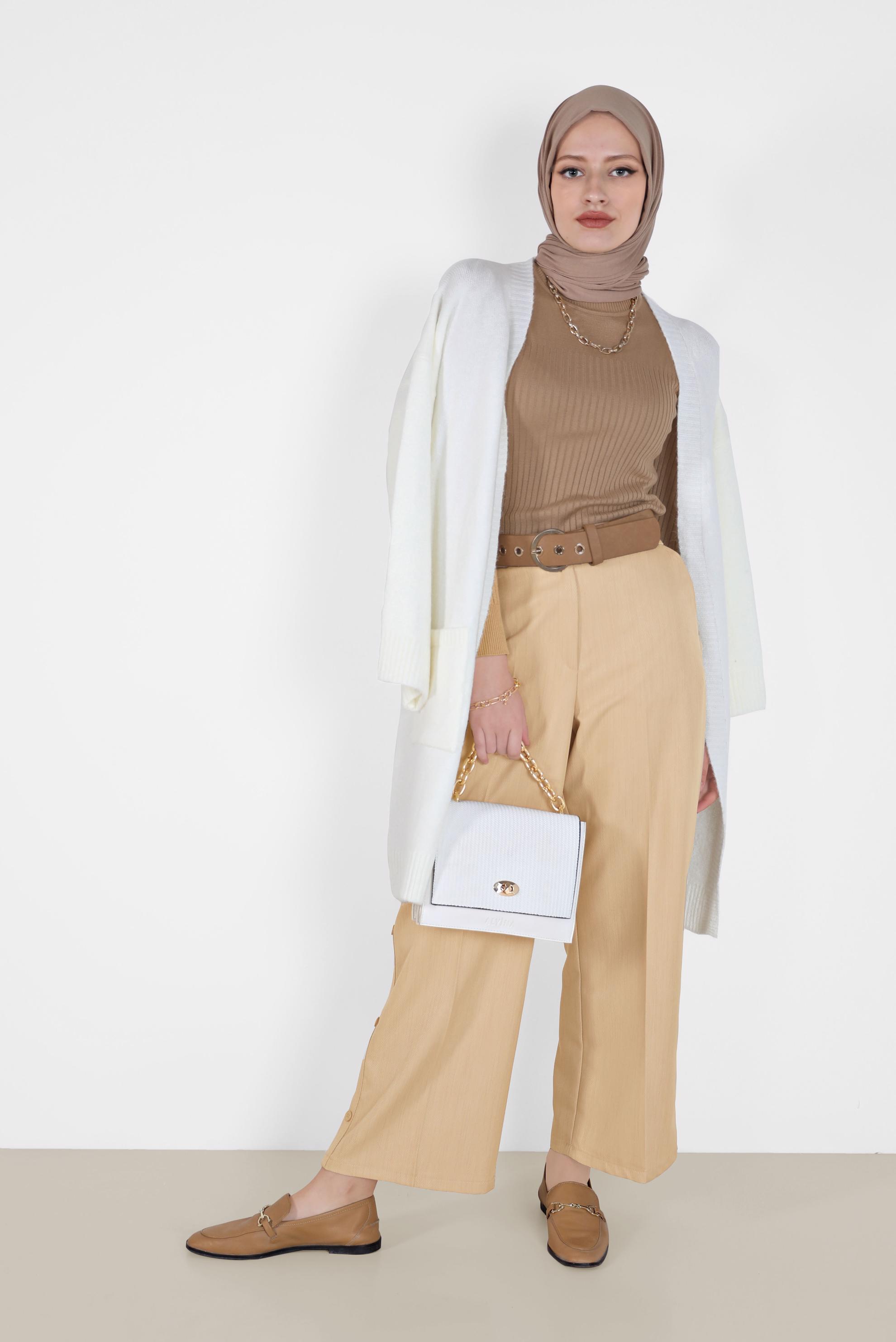 Tesettür giyim KAHVE KOLLARI FIRFIRLI TRİKO KAZAK 42069 